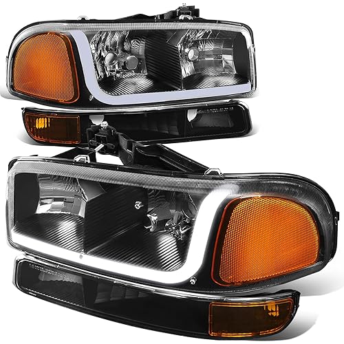 Auto Dynasty 4Pcs LED DRL Headlights Assembly with Bumper Lamps Compatible with GMC Sierra Yukon XL GMT800 / 820 99-07, Driver and Passenger Side, Black Housing Amber Corner
