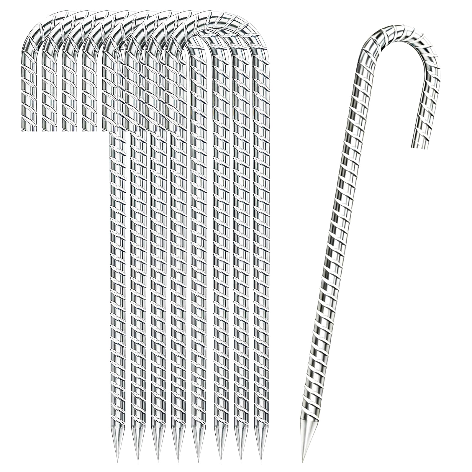 Kołki do prętów zbrojeniowych 30 cm, 8 szt., hak J o średnicy 5/40 cm, wytrzymałe metalowe śledzie namiotowe, kolce do prętów zbrojeniowych, stalowe kotwy gruntowe do namiotów kempingowych