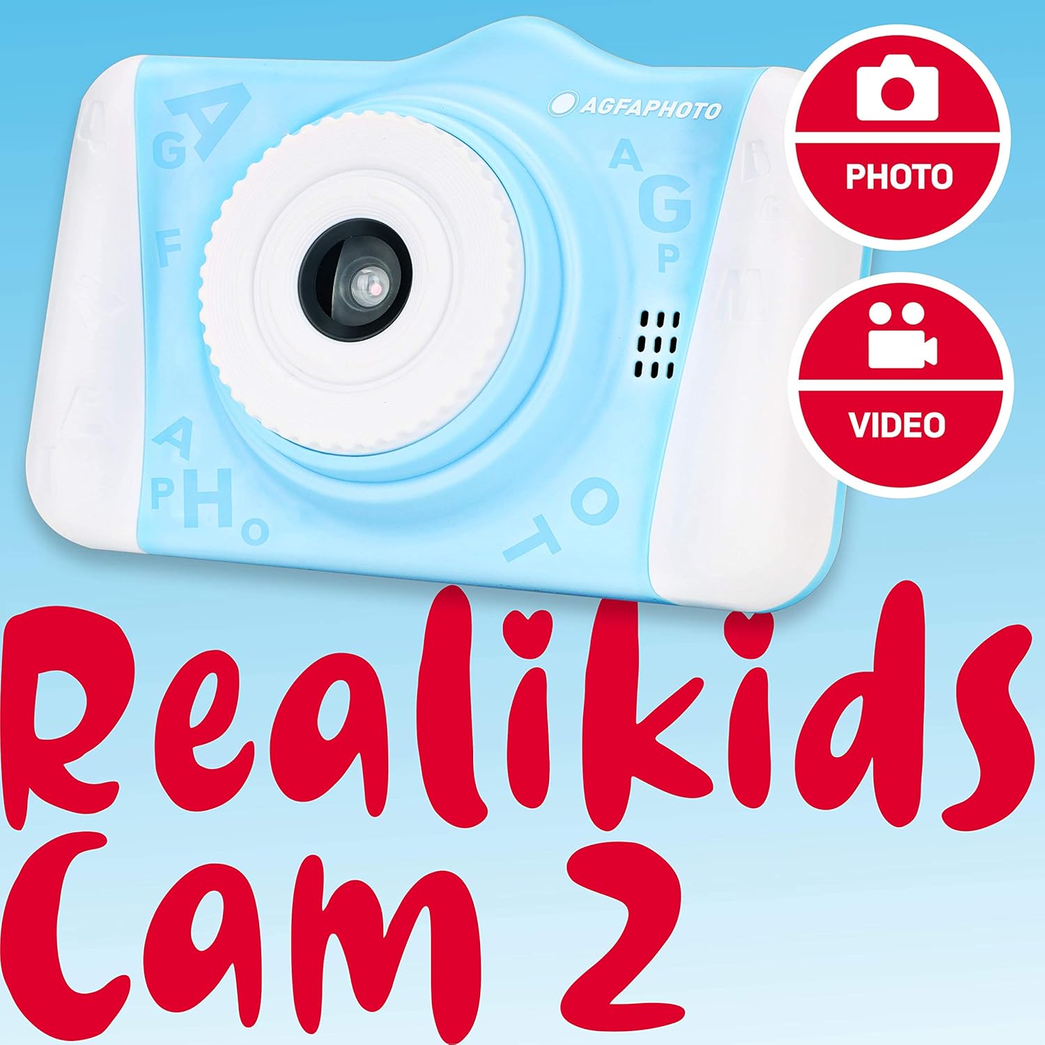 AGFA Photo Realikids Cam 2 camera with icons for Photo and Video modes