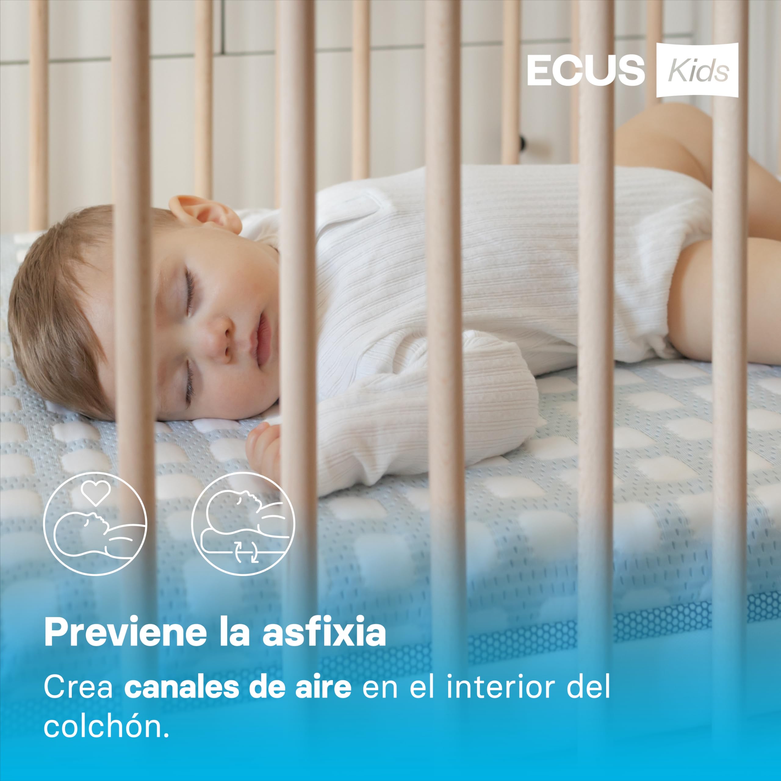 ECUS Kids Colchón Cuna 70x140 cm Care Ultimate, Antiplagiocefalia, Tejido Xtra-Cool, Topper Extraíble, Hipoalergénico, Altura 12 cm