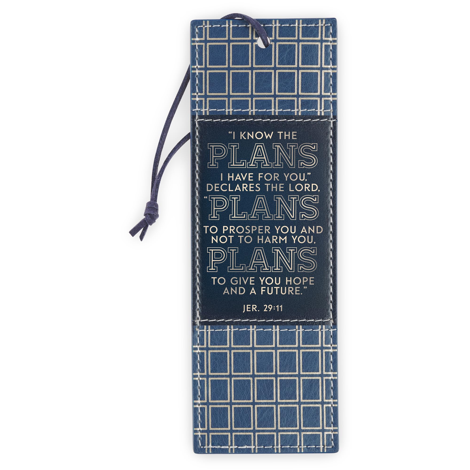 Christian Art Gifts Premium Vegan Leather Encouraging Scripture Bookmark for Graduates: I Know The Plans Inspriational Scripture, Sturdy Cord, Durable Book Reading Accessory, Navy Blue & Gold Plaid
