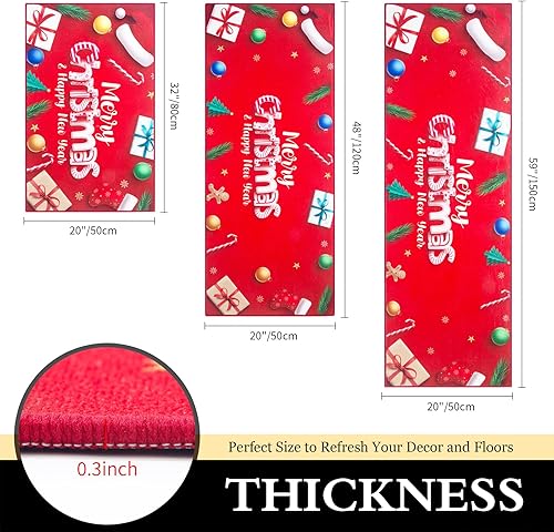 Miniatura 6 de Juego de 3 alfombras de cocina de Navidad, antideslizantes, lavables, para el suelo, juego de 3 alfombras de cocina rojas, alfombras absorbentes