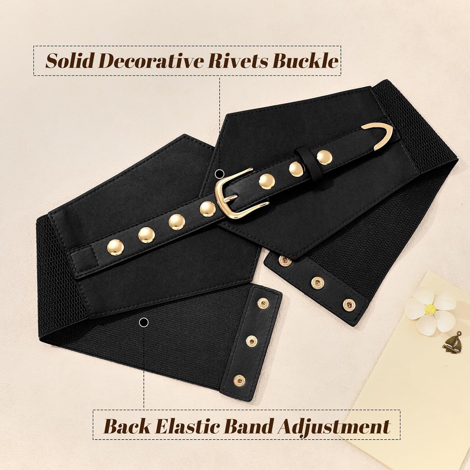 Wide Waist Belt Women Elastic Chunky Stretchy Elegance Belt with Gold Rivets Buckle for Daily Costume - Image 3