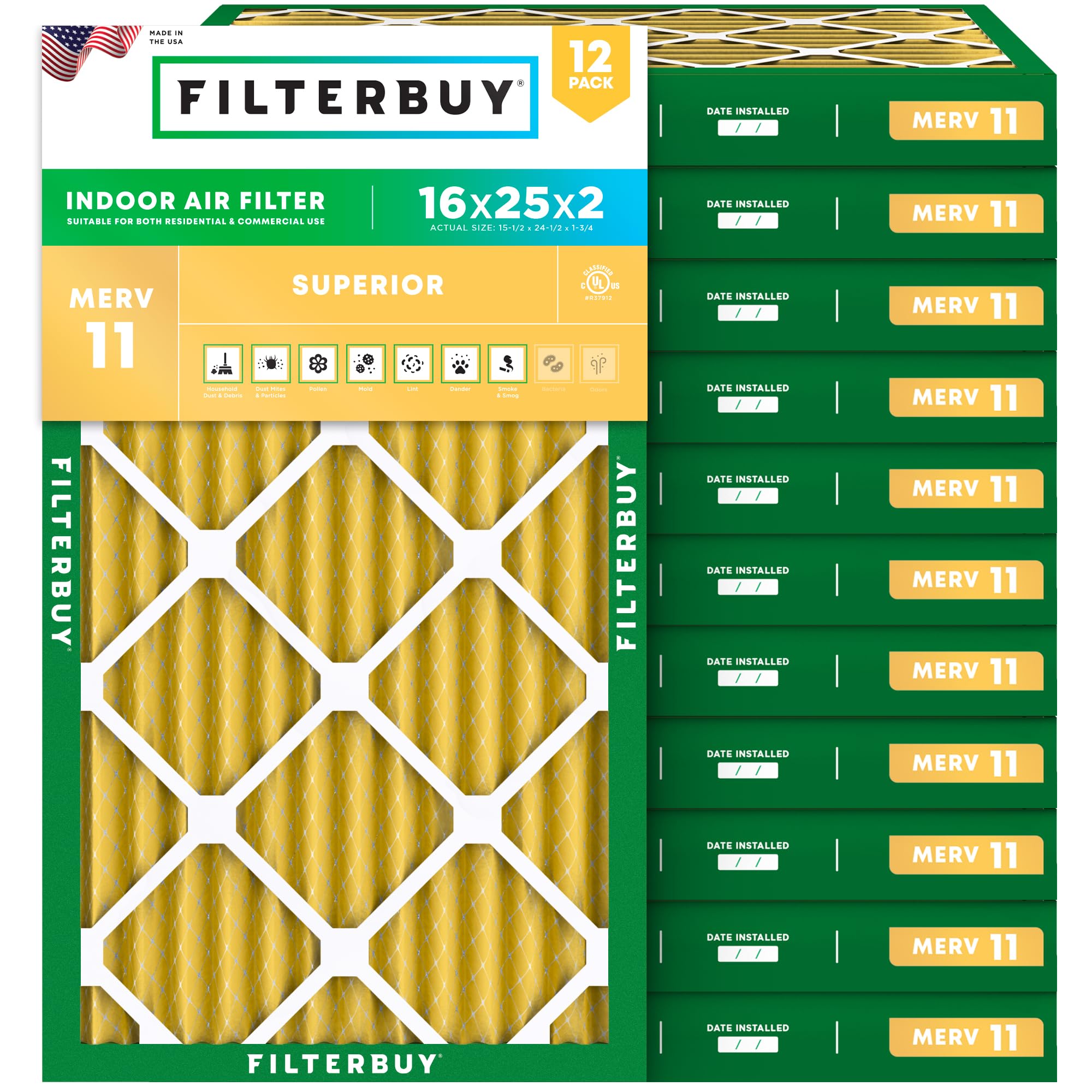 Filterbuy 16x25x2 Air Filter MERV 11 Allergen Defense (12-Pack), Pleated HVAC AC Furnace Air Filters Replacement (Actual Size: 15.50 x 24.50 x 1.75 Inches)