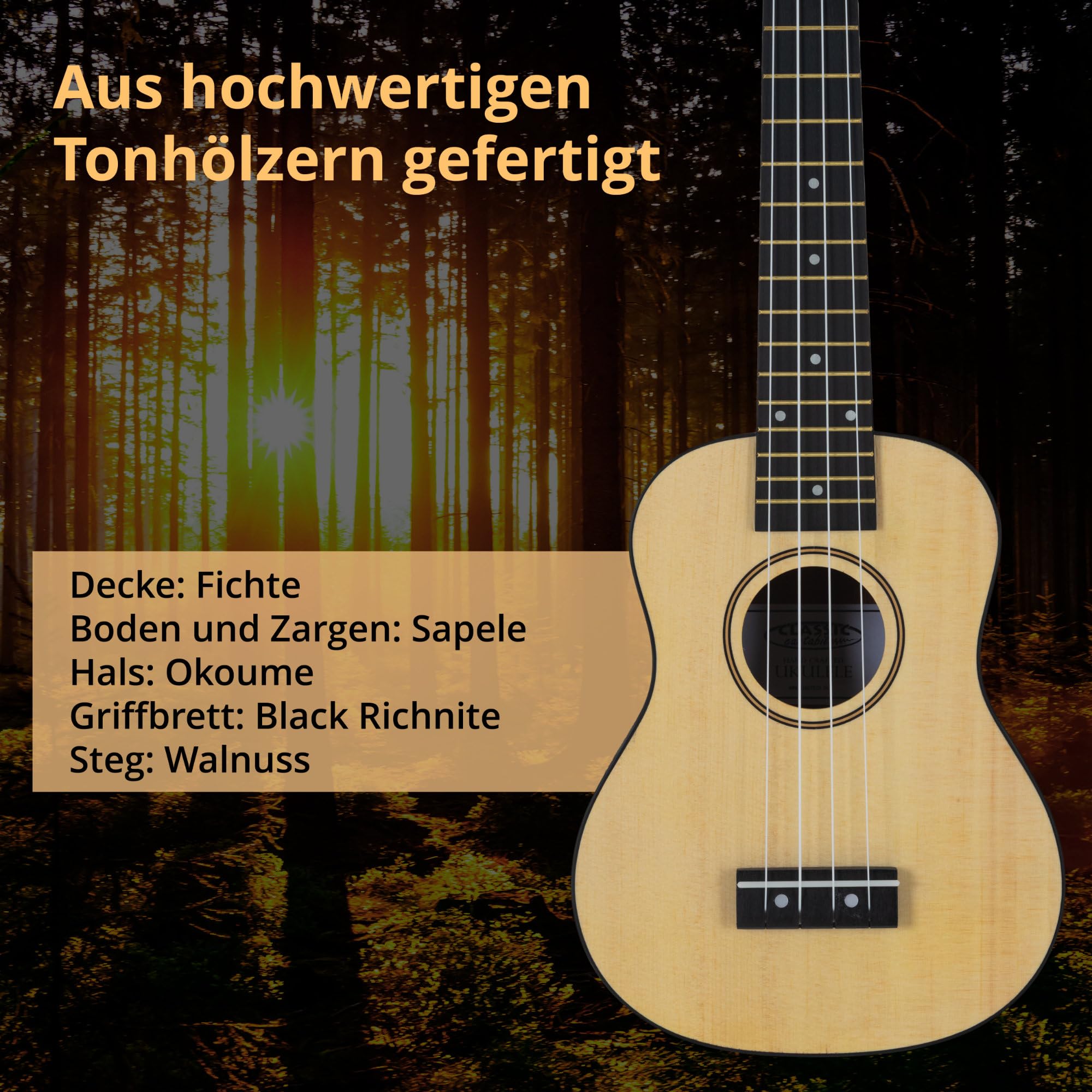 Classic Cantabile Sopran Ukulele Natural Set inkl. Grifftabelle, 15 Bünde | Sopran-Mensur (343 mm), Gesamtlänge: 54 cm, Decke: Fichte, Boden und Zargen: Sapele, Hals: Okoume, Griffbrett: Black Richnite