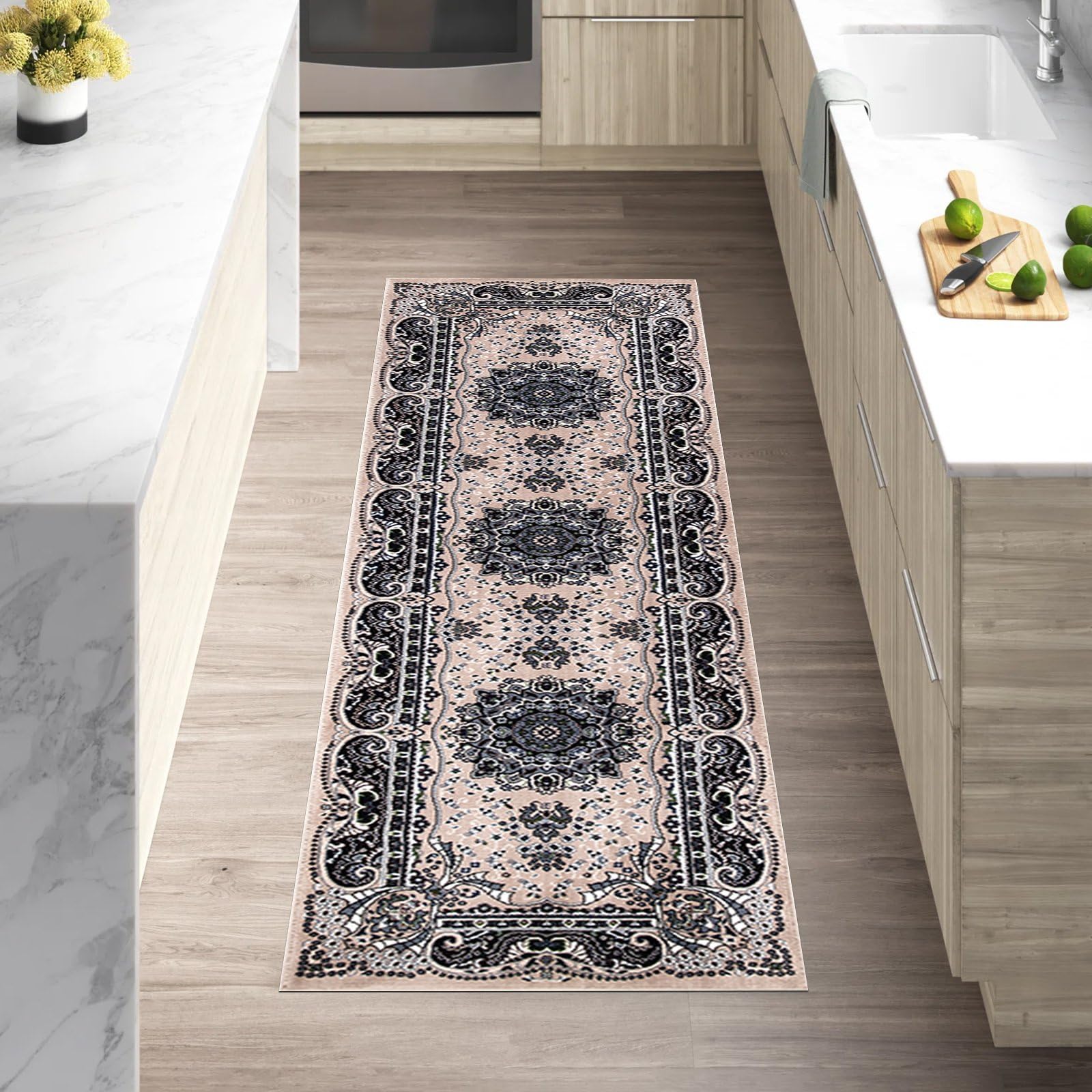 cozily® Floral Pattern Washable Jute Back Rug, 60 x 220 cm (2 ft x 7 ft 3 in) - Beige - Jute Back Small Runner for Hallway, Lounge, Corridor, and Narrow Passage — image 1