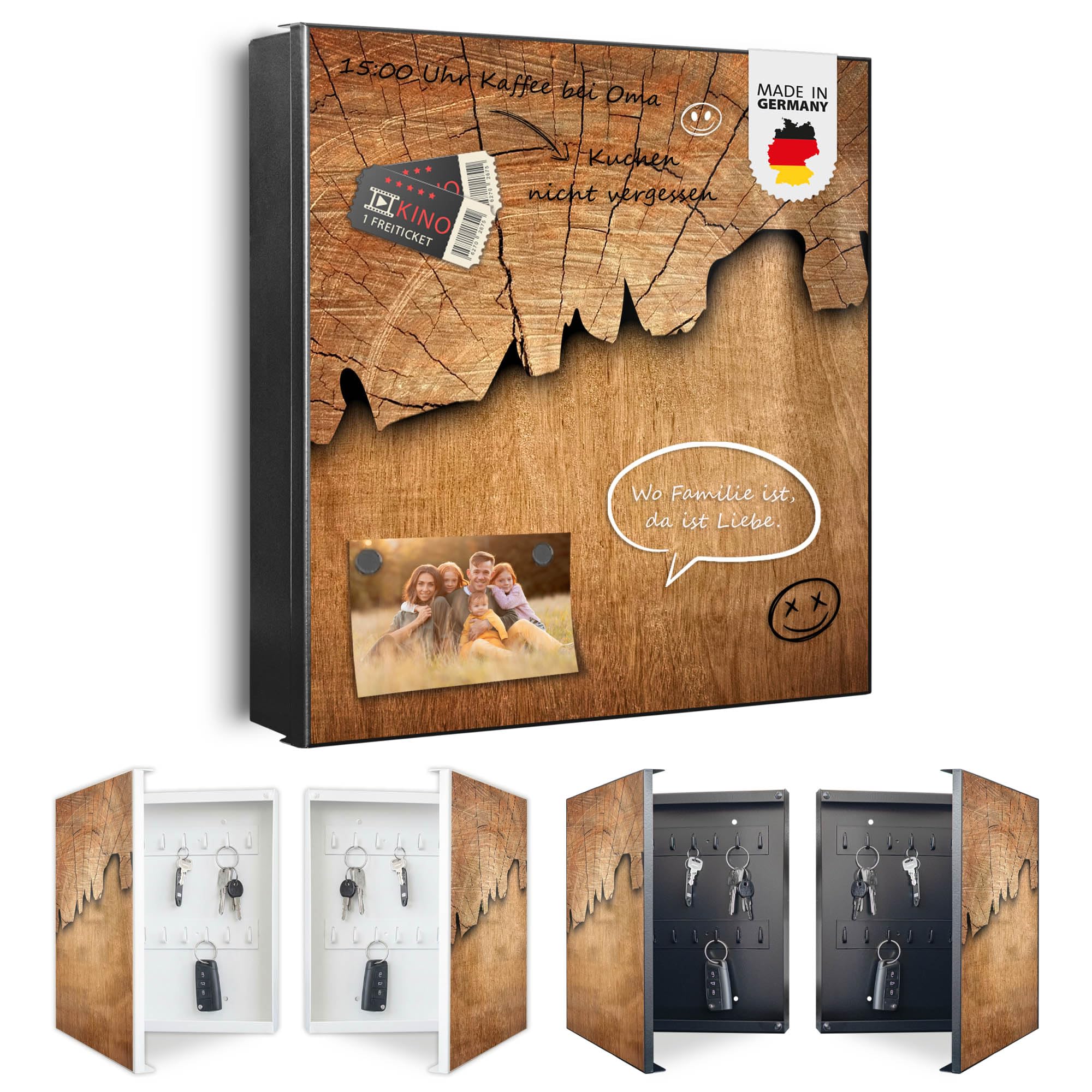 banjado Großer Schlüsselkasten Metall - Schlüsselbox 30x30cm beschreibbarer mit 32 Haken - Schlüsselkasten modern für Schlüsselaufbewahrung - Korpus Schwarz Scharnier Rechts - Motiv Holz