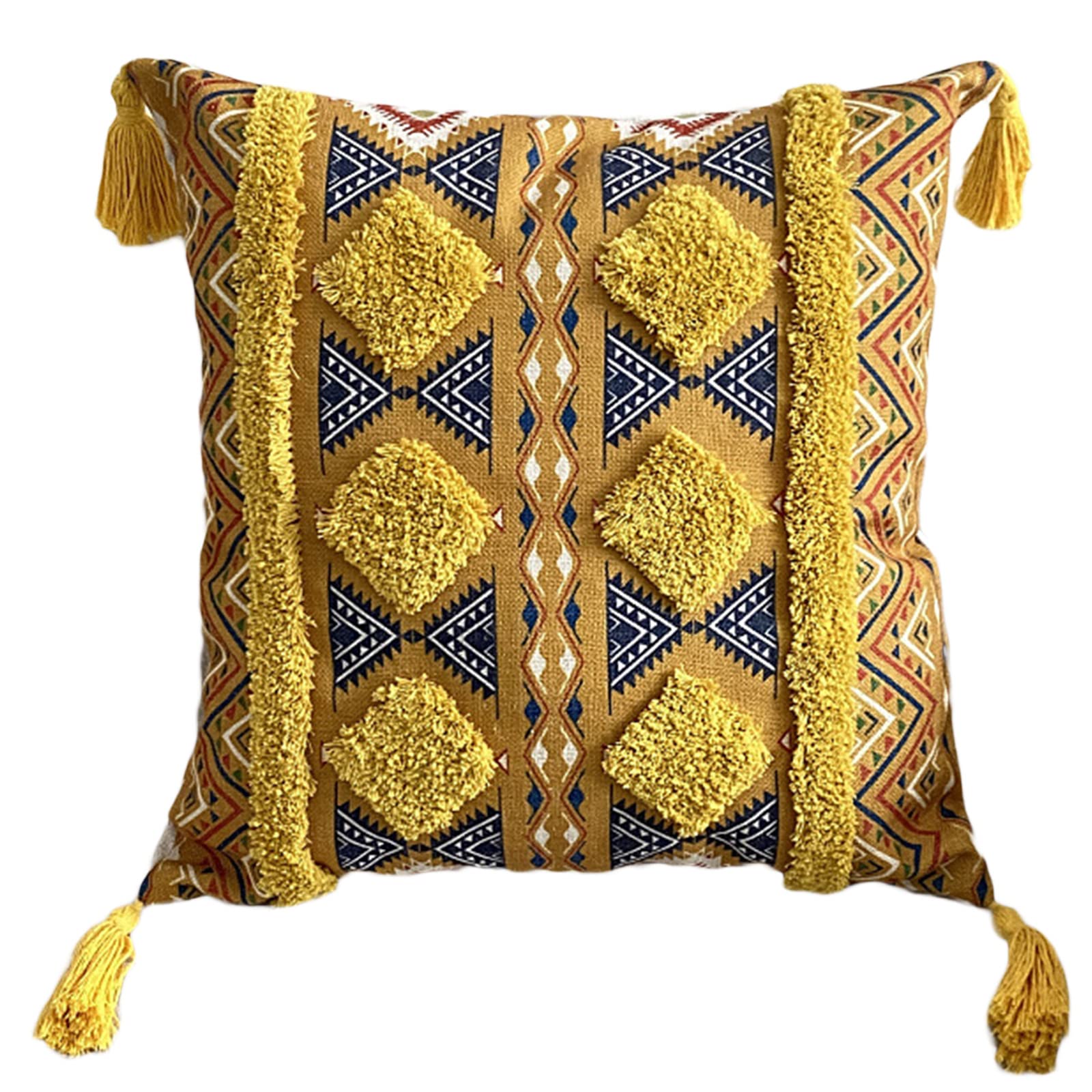 Tsophreniq Yellow Rhombus Colorful Tufted Tassels Throw Pillow Cover Cotton Square Pillowcase Covers Tasseled Pillow Cover