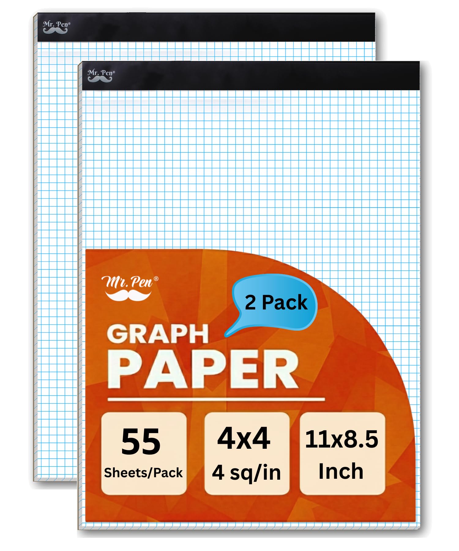 Mr. Pen- Graph Paper Pad 11"x8.5", 2 Pack, 4x4 Quad-Ruled Graph Paper, 4 Squares per Inch, Grid Paper Pad, Square Graphing Paper, 11 Inch x 8.5 Inch,