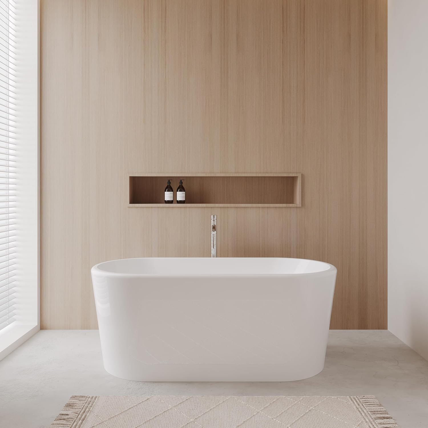 "Ursula 59 inch Freestanding Bathtub in White with Floor Mounted Faucet, Drain and Overflow Trim in Polished Chrome"
