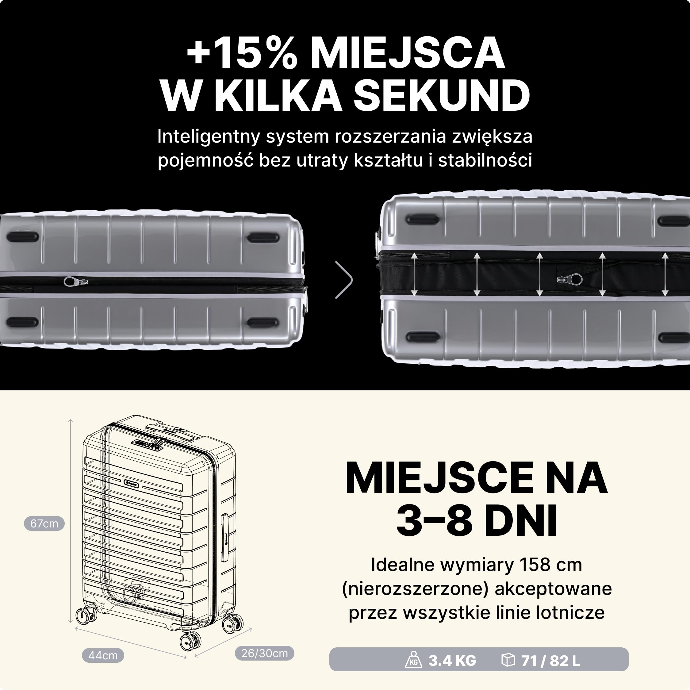 Eminent Voyager Walizka Średnia Twarda, Trolley Podróżna na Kółkach | Walizka średnia podróżna, 3,4 kg, 71L, rozszerzana 67x44x26/30, zamek TSA, 4 kółka, bagaż rejestrowany, Srebrny