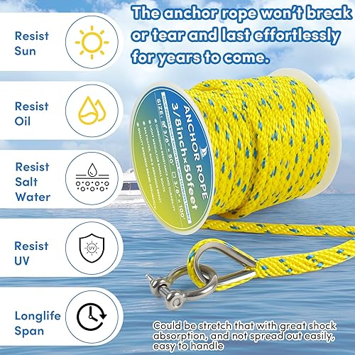 Vista 37 de Cuerda de anclaje premium de 100 pies x 3/8 pulgadas, cuerda marina de línea de anclaje MFP trenzada sólida con dedal y grillete, color negro
