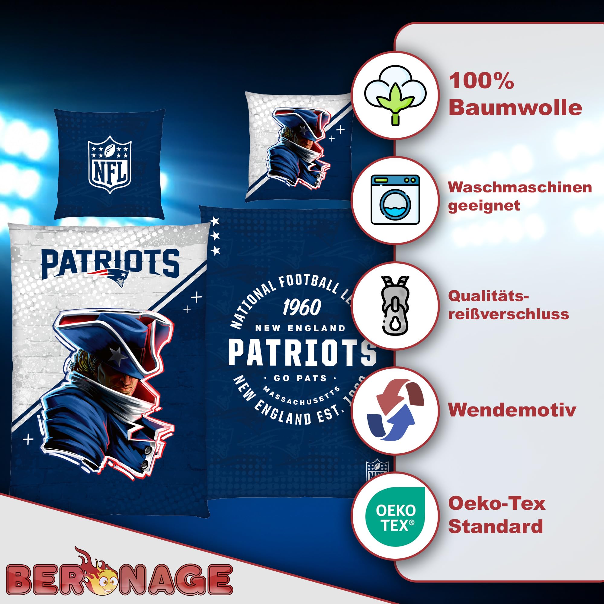 NFL New England Patriots Go Pats komplet pościeli 135 x 200 cm + 80 x 80 cm, 100% bawełna, Renforcé Linon, zestaw dwustronnej pościeli YKK, zamek błyskawiczny YKK