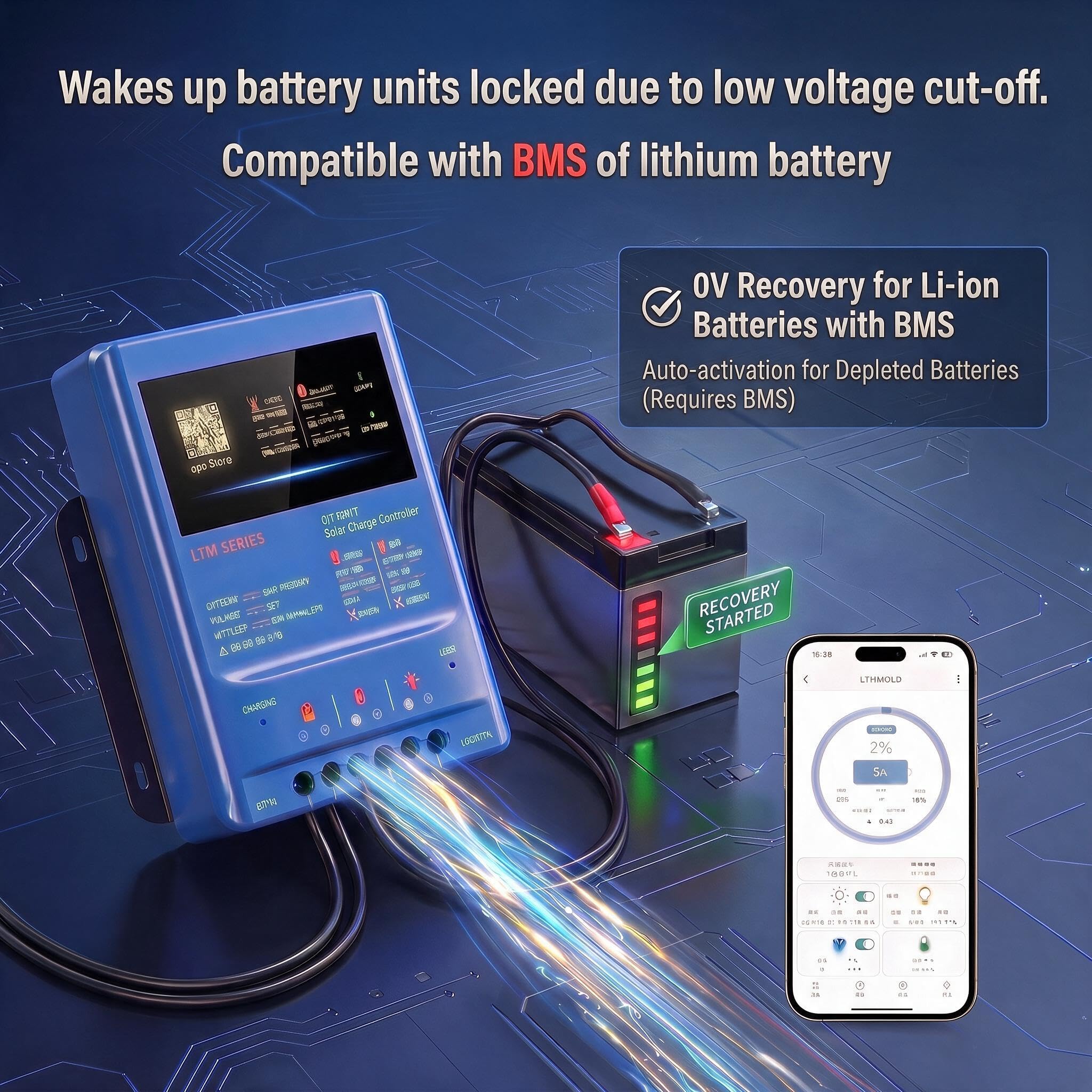 MPPT Régulateur de charge solaire 40 A 12 V 24 V 36 V 48 V 120 V PV avec application WiFi Bluetooth et activation 0 V LiFePO4 – Contrôleur de charge solaire LTM4840 pour camping-car, caravane, système