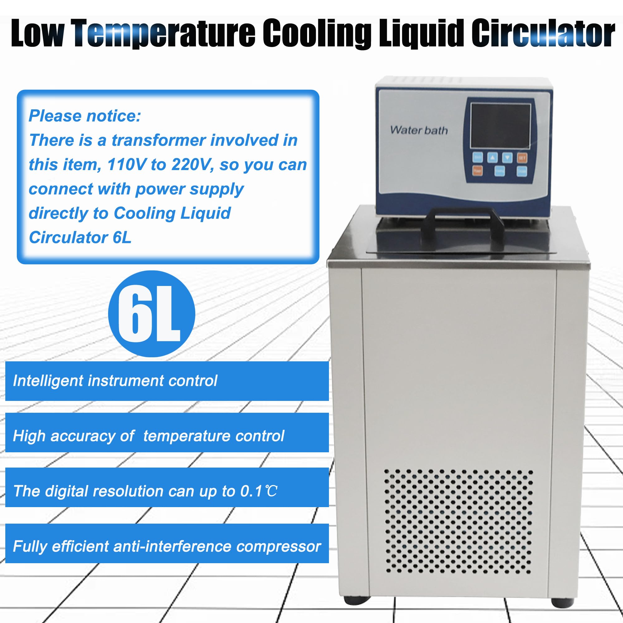HQHAOTWU Refrigerated Circulator Low Temperature Cooling Liquid Circulator 6L Laboratory Chiller Circulator Chiller Refrigerated Circulating Bath Water Liquid Cooler with Converter -5?-100? 110V