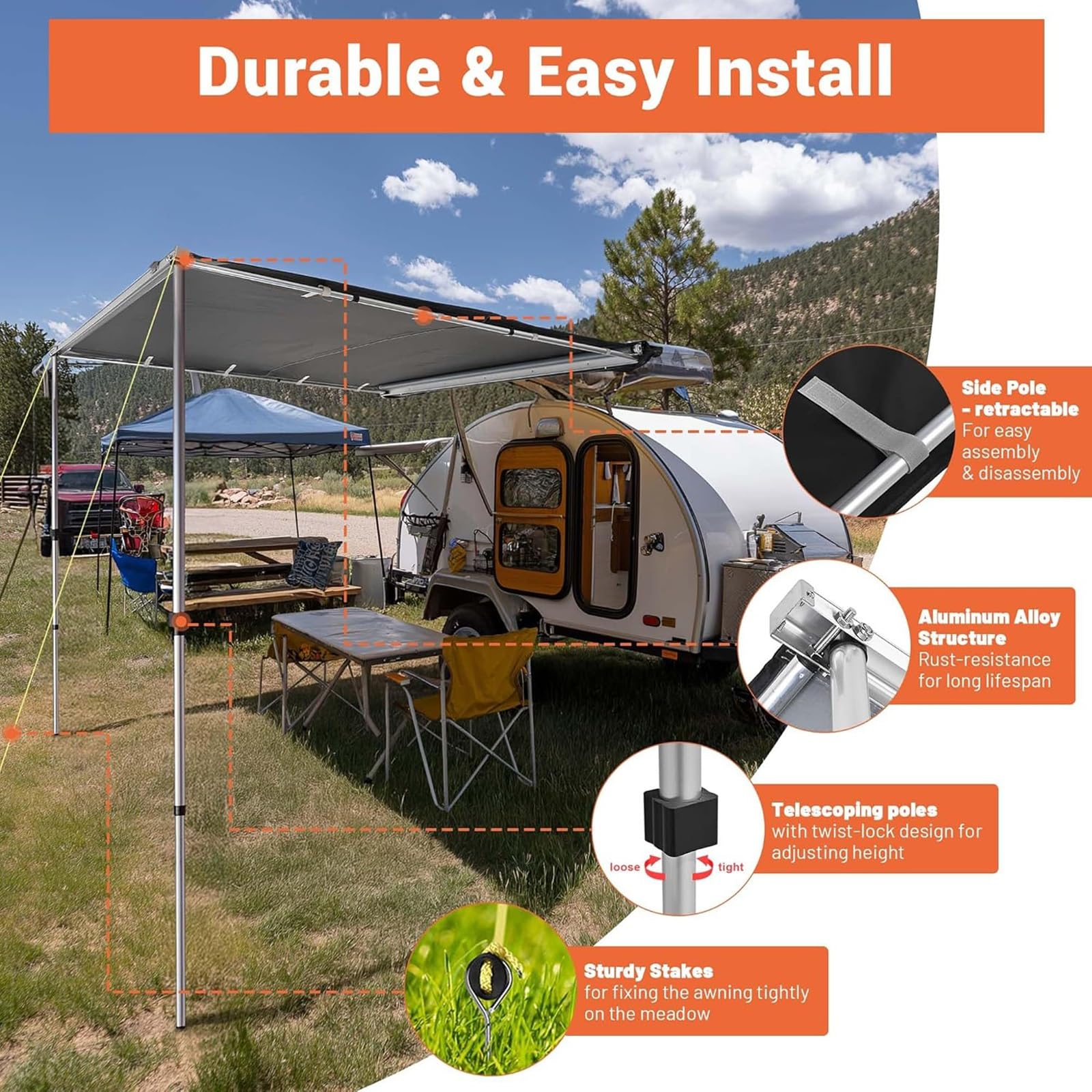 Auto Markise 200 x 250 cm, Ausziehbare Dachgepäckträger Markise, UV50+, PU 2000 Mm Wasserdicht, für Camping, PKW, SUV, LKW und Transporter(200x250cm)