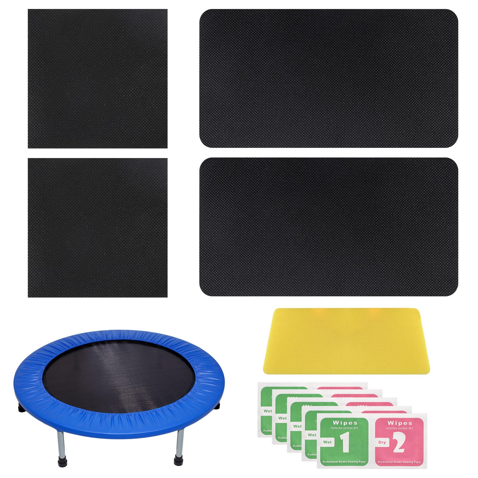 Goktvai 10pcs Self-Adhesive Trampoline Repair Patch Kit, 2 Square & 2 Rectangle Trampoline Mat Repairing Tears or Holes Patches with Scraper & Wet/Dry Wipes for Most Outdoor Fabric Accessories