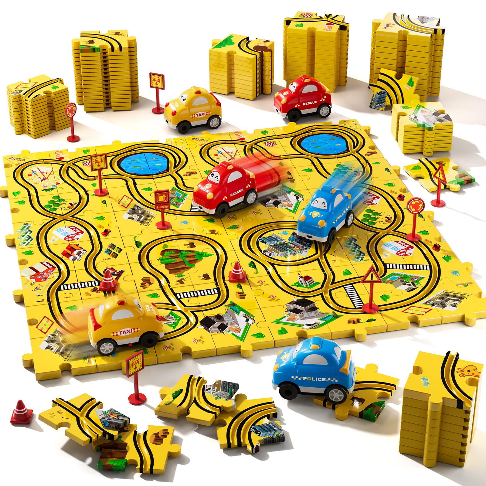 64PCS Puzzle City Race Cars Track Set for Kids, Puzzle Racer Kids Car Track Set Ages 3-5 4-6, Toys Gifts for 3 4 5 Year Old Boys, 3 4 5 Year Old Boys Ideal Birthday Gift