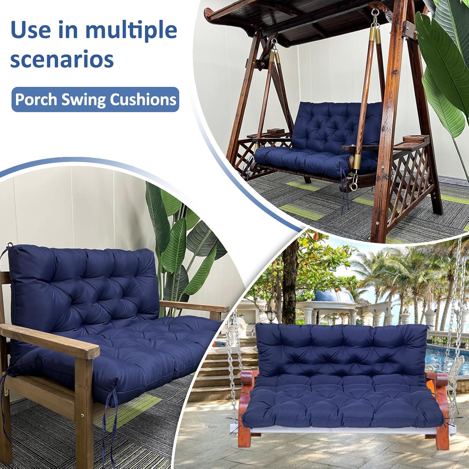 Porch Swing Replacement Cushions: 2-3 Seater Outdoor Waterproof Swing Cushions with Ties - Thick Swing Cushion with Backrest for Garden Patio Furniture Loveseat