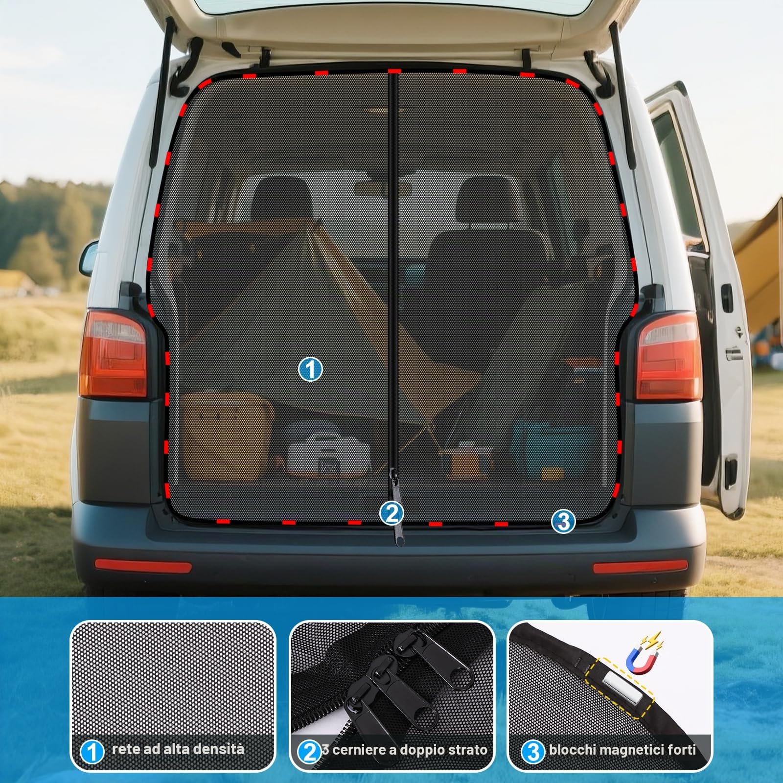ZATOOTO Portellone Posteriore Per Auto Zanzariera Per VW T5 T6, Zanzariera Magnetica con chiusura lampo Protezione Insetti Solare,Rete Ombreggiante Porta Laterale Campeggio