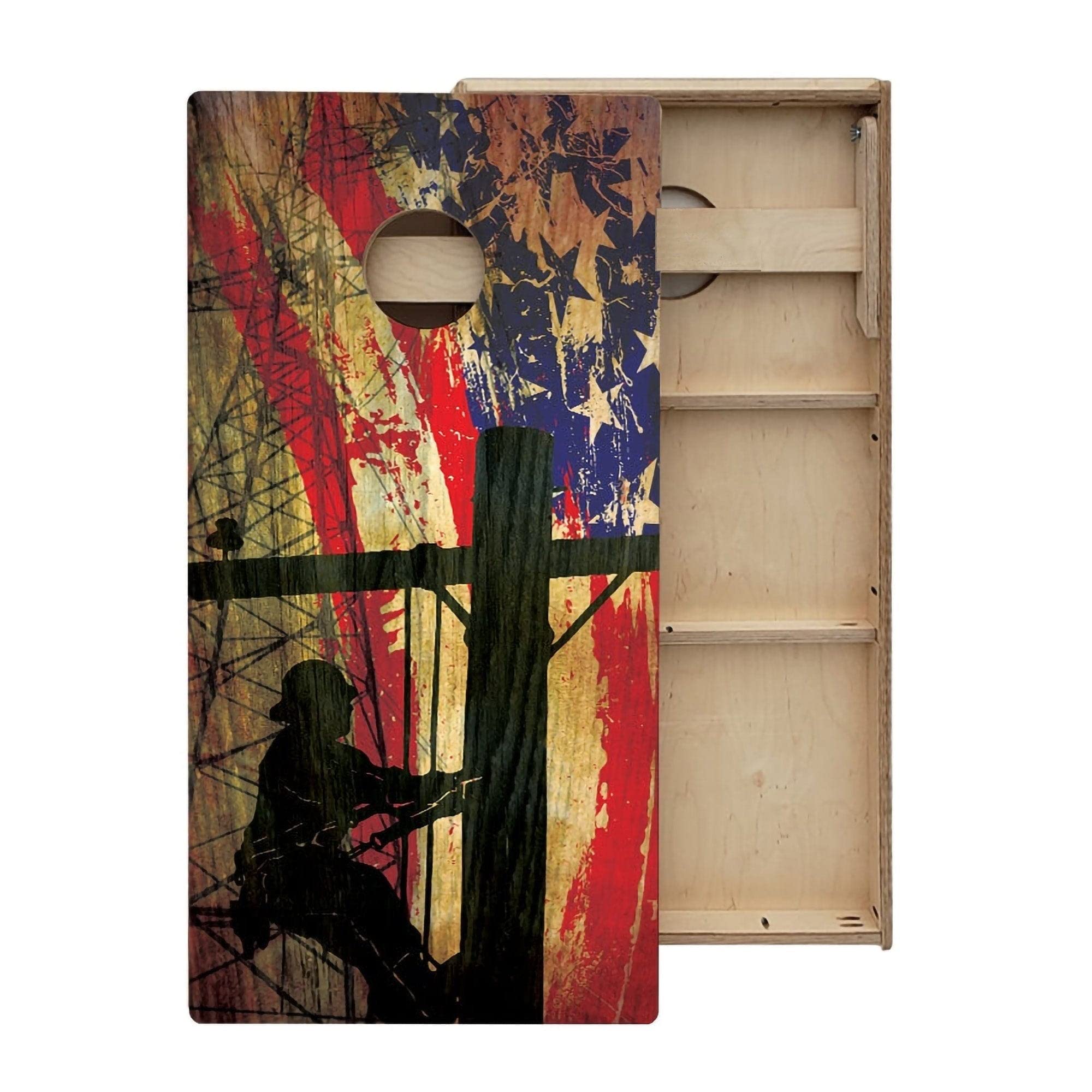 Skip's Garage Lineman Faded USA Flag Cornhole Boards - Includes (2) Boards (Resin Bags) + (1) Case & (2) Hole Lights