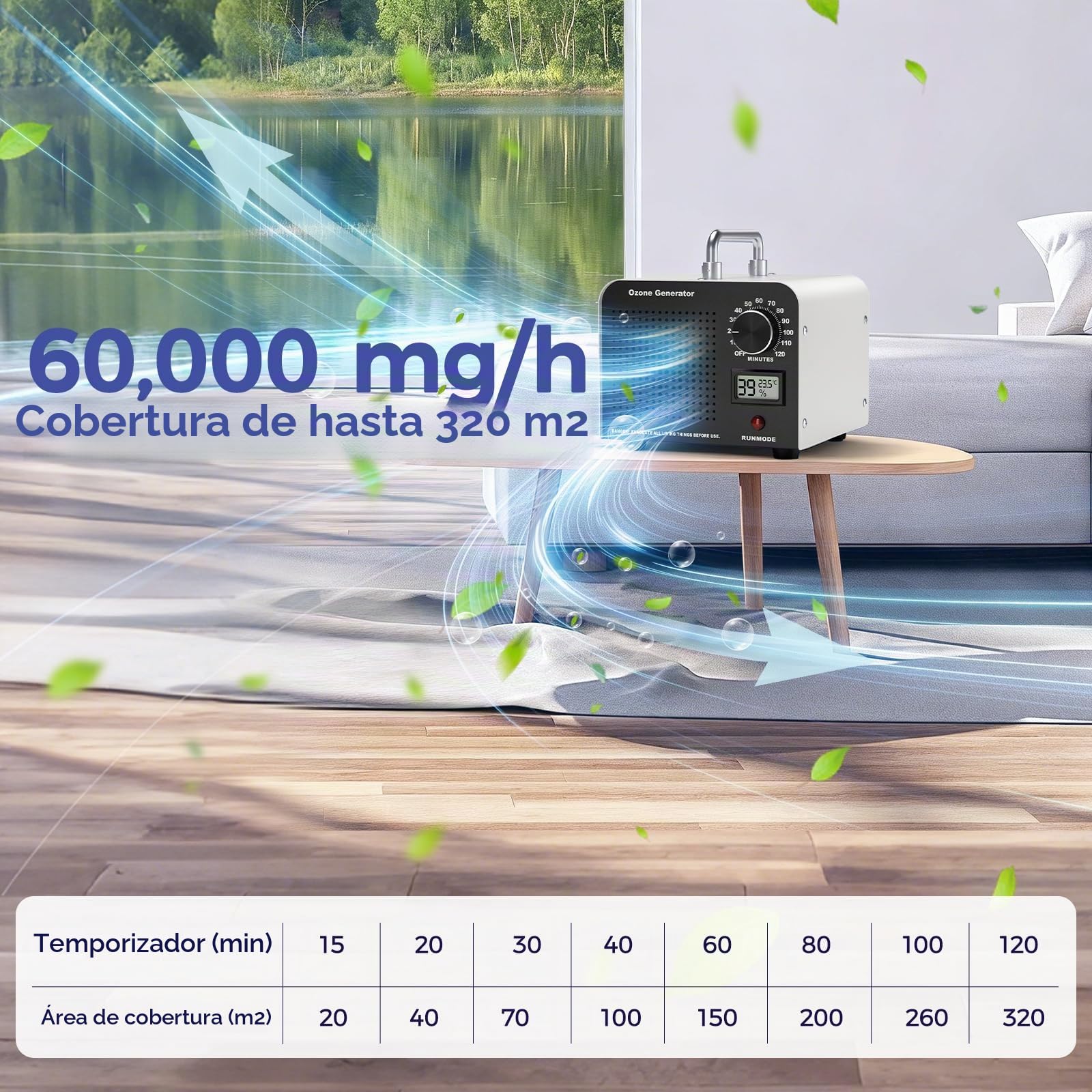 Generador de Ozono 60000 mg/h, Purificador de Aire, con Pantalla de Temperatura y Humedad, Temporizador de 120 Minutos para Espacio de 320㎡ para Hogar, Coche, Oficina, Garaje