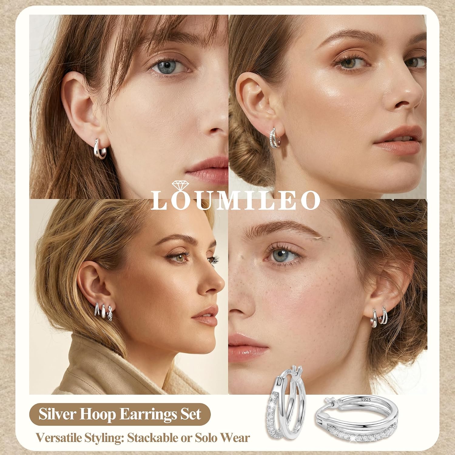 LOUMILEO 3 Pairs 925 Sterling Silver Post Hoop Earrings for Women Hypoallergenic Small Sliver Hoop Earrings Set for Sensitive Ears Lightweight Huggie Hoops Earring for Multiple Piercing Jewelry Gift