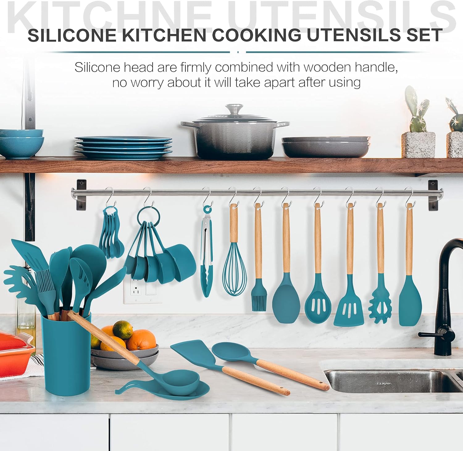 LIANYU 33-Piece Silicone Kitchen Cooking Utensils Set with Holder, Wooden Handle Heat Resistant Cookware Utensils Set, Non-Stick Kitchen Tools for Baking Cooking, Dark Blue: Home & Kitchen