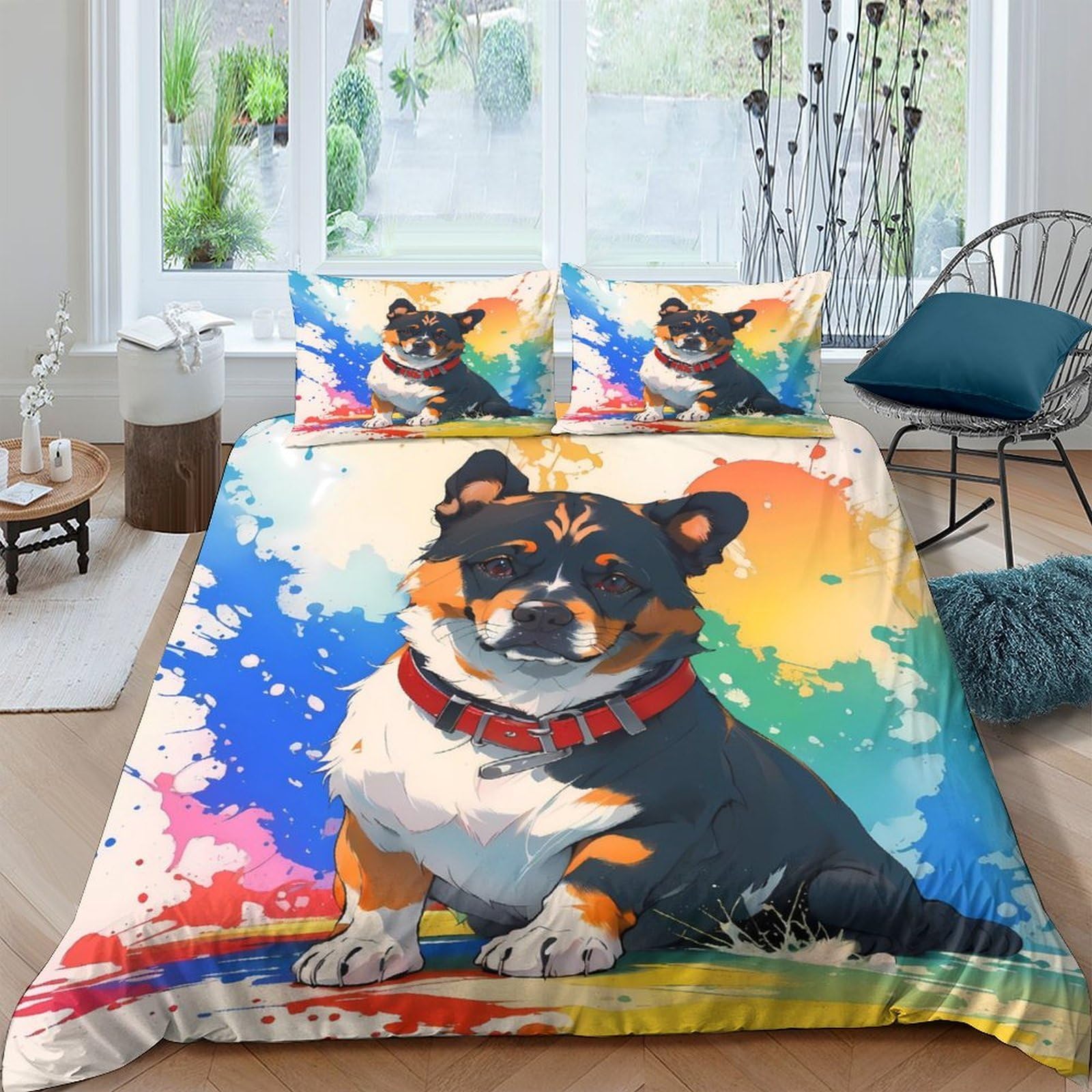 Ctjqhvkz Style-7 3D Printed Colorful Corgi Fitted Sheet Microfiber Soft Bedroom Decor Dog Art Mattress Cover For Home Dorm Single（135X200cm）
