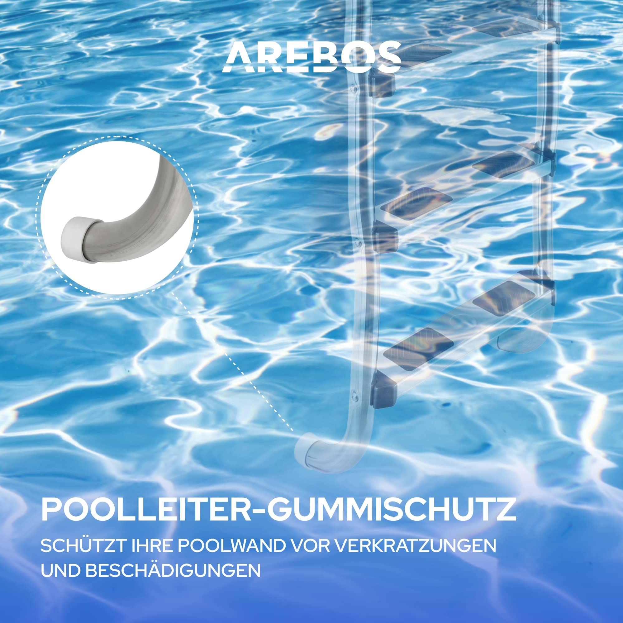 Arebos Edelstahl Poolleiter | inkl. Kunststoffbolzen, Flanschrohr und Montagematerial | 2 Montagemöglichkeiten | mit Antirutschpads auf den Sprossen | Einstiegsleiter Silber | Einbauleiter 3 Stufen