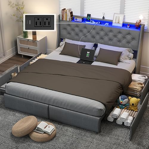 Miniatura 11 de Base de cama tamaño King con luces LED y estación de carga, plataforma tapizada con cabecera de almacenamiento y 4 cajones, soporte de listones de