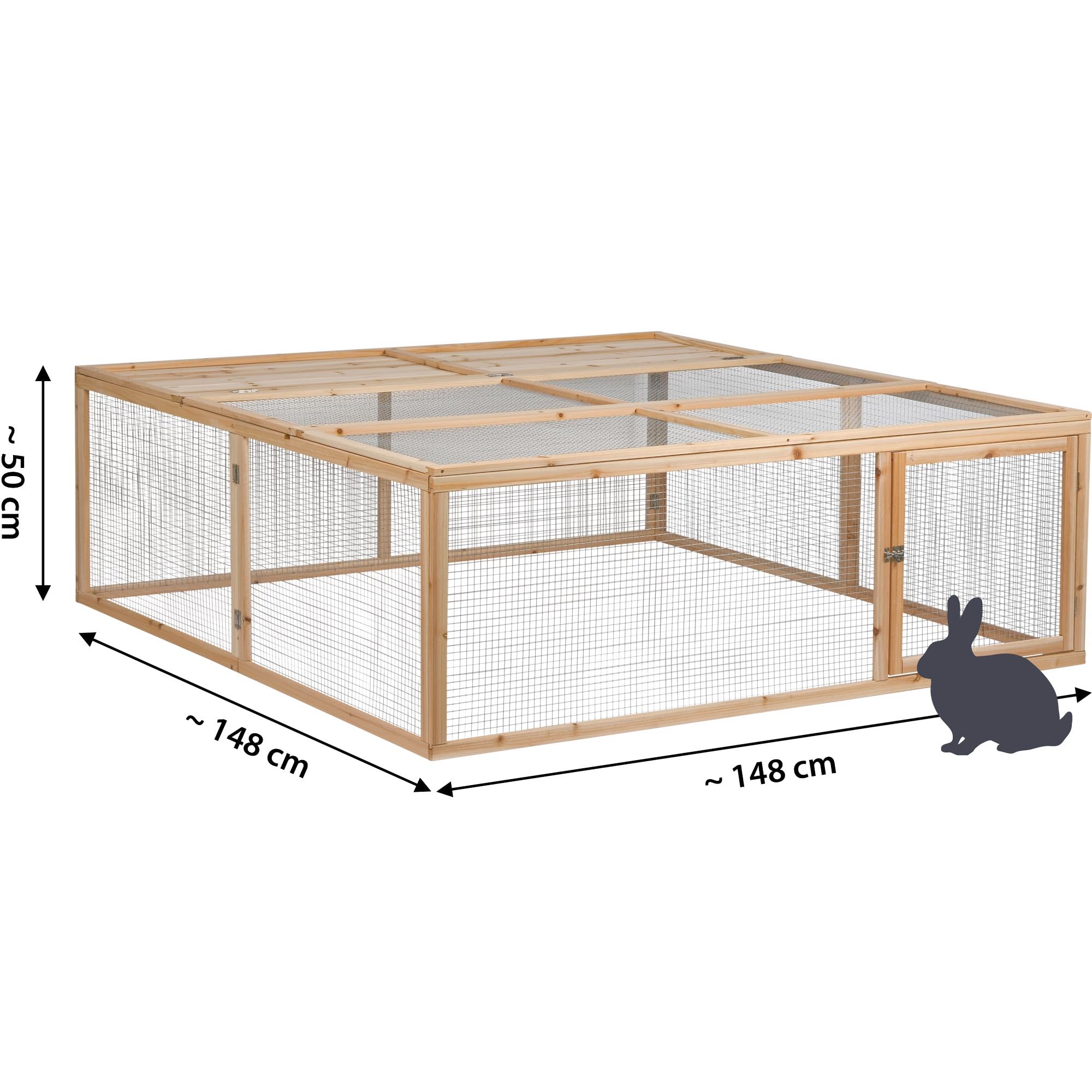 dobar® 23570e Großes Freilaufgehege Massivholz -Aufklappbares Kaninchengehege mit Tür - Außengehege XL für kleine Nager - Quadratischer Freilauf für Kleintiere - 148 x 148 x 50 cm - Natur