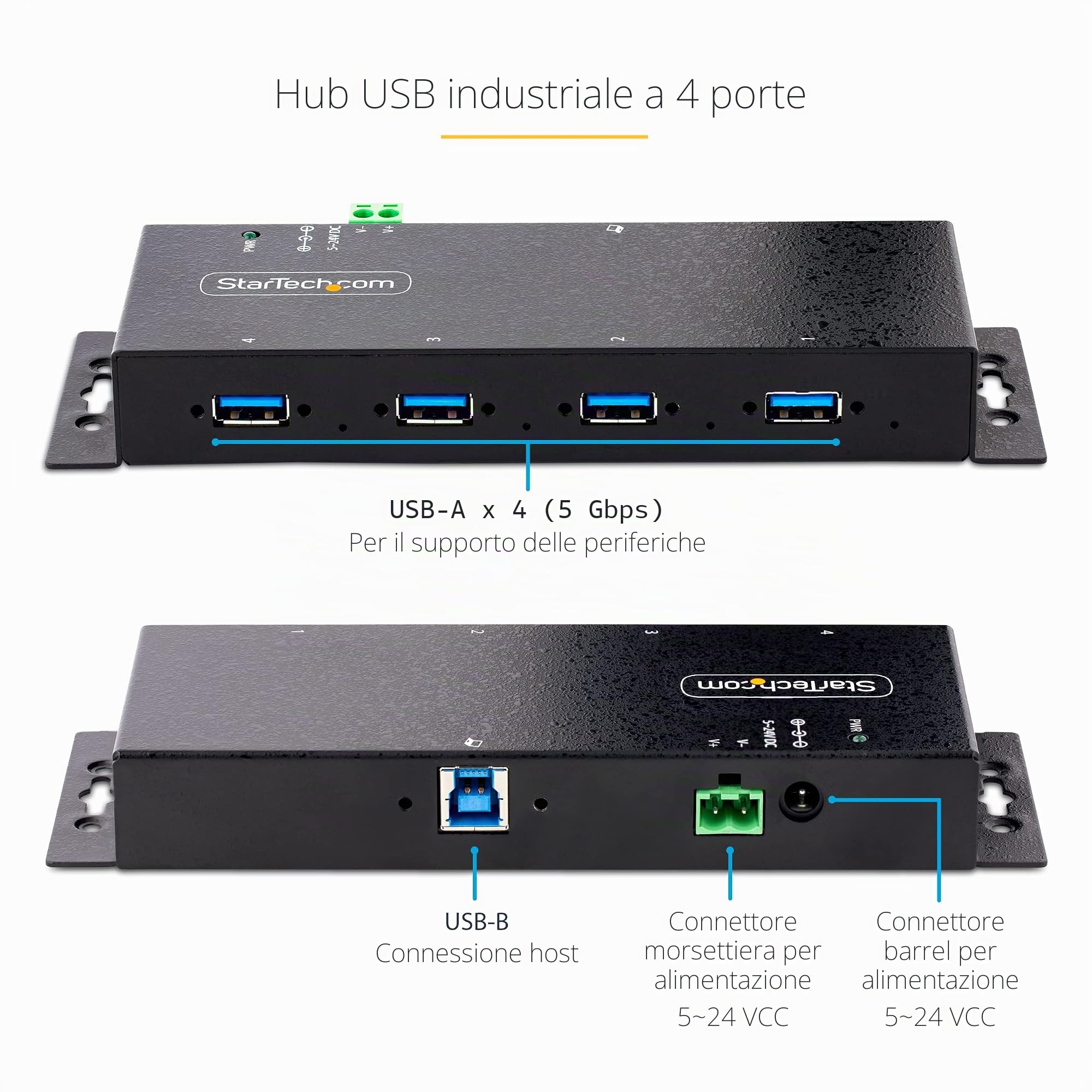 StarTech Hub USB-A Industriale 4 Porte 5Gbps, ESD (5G4AINDNP-USB-A-HUB) | USB 3.0, Montabile su DIN, Parete o Scrivania