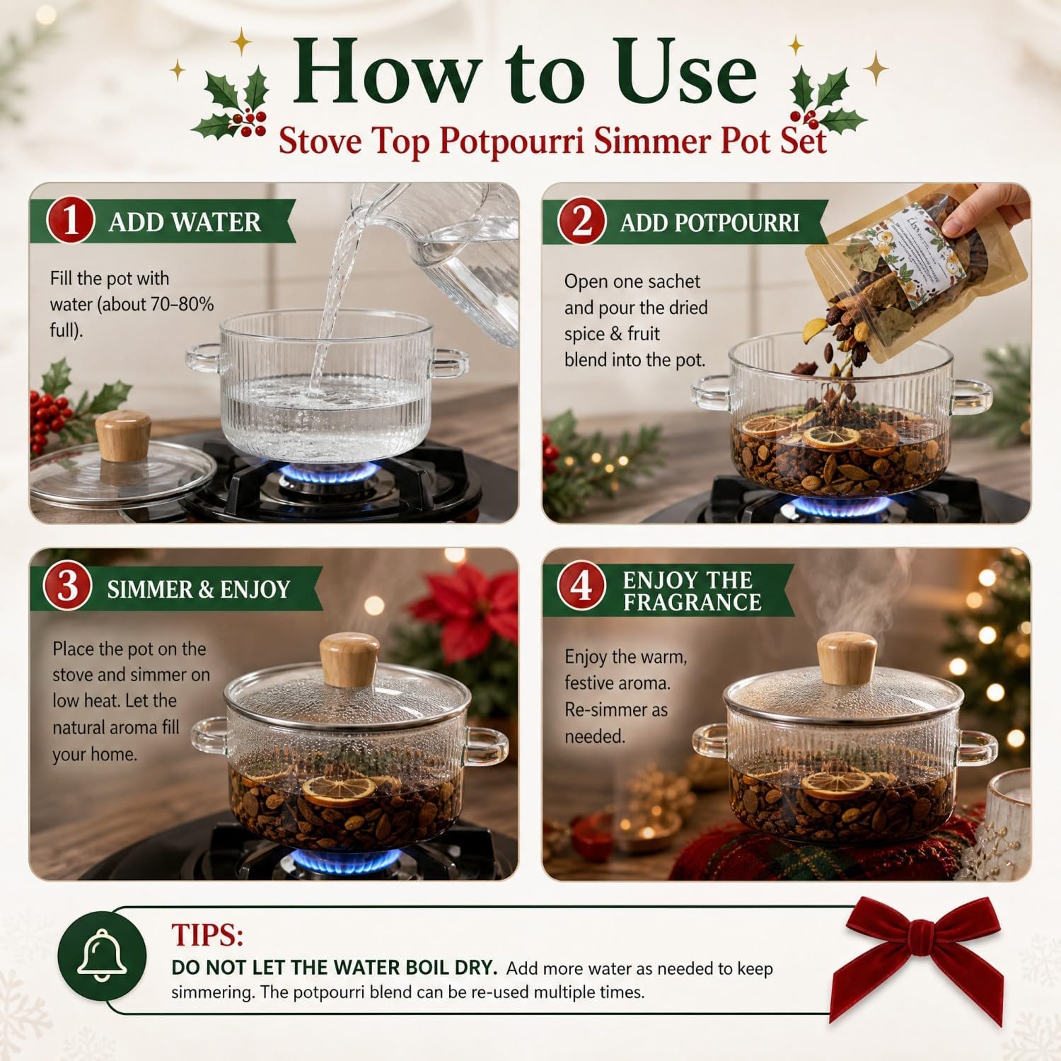 9 Packs Christmas Potpourri Simmer, a Glass Pot with Red Bow Set