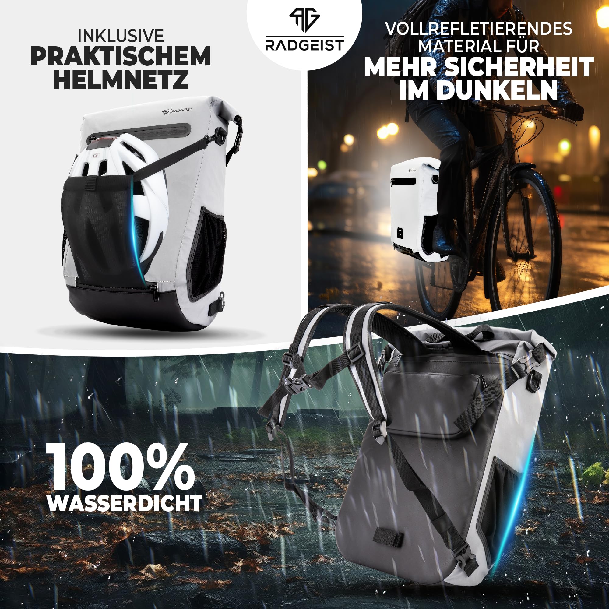 RADGEIST Sacoche de vélo pour porte-bagages | Sacoche pour porte-bagages & Sac à dos | Sac pour vélo 100% étanche (Réfléchissant)