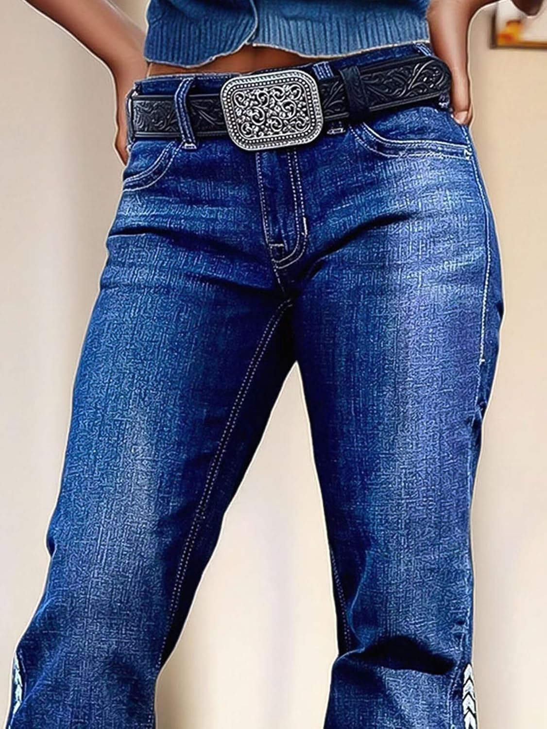 Flamingals Embroidered Boot Cut Jeans for Women Mid Waist Stretchy Trendy Wash Flared Leg Denim Jeans - Image 4