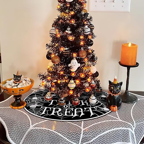 Miniatura 6 de Falda de árbol de Navidad de tela de araña de Halloween, 48 pulgadas, con cordones, para truco o trato, falda de árbol negro, divertida fiesta de