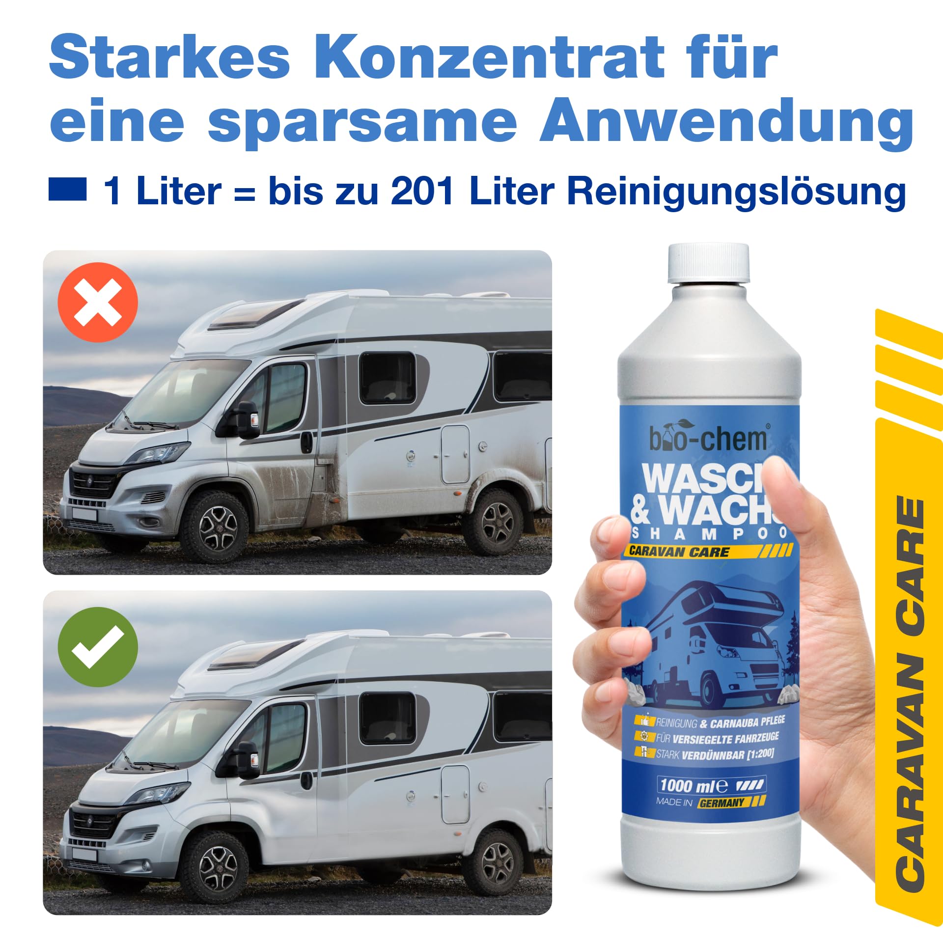 bio-chem Caravan Wasch & Wachs Shampoo 2x 1L | Konzentrat mit Carnaubawachs für Wohnmobil, Wohnwagen & Boot | pH-neutral