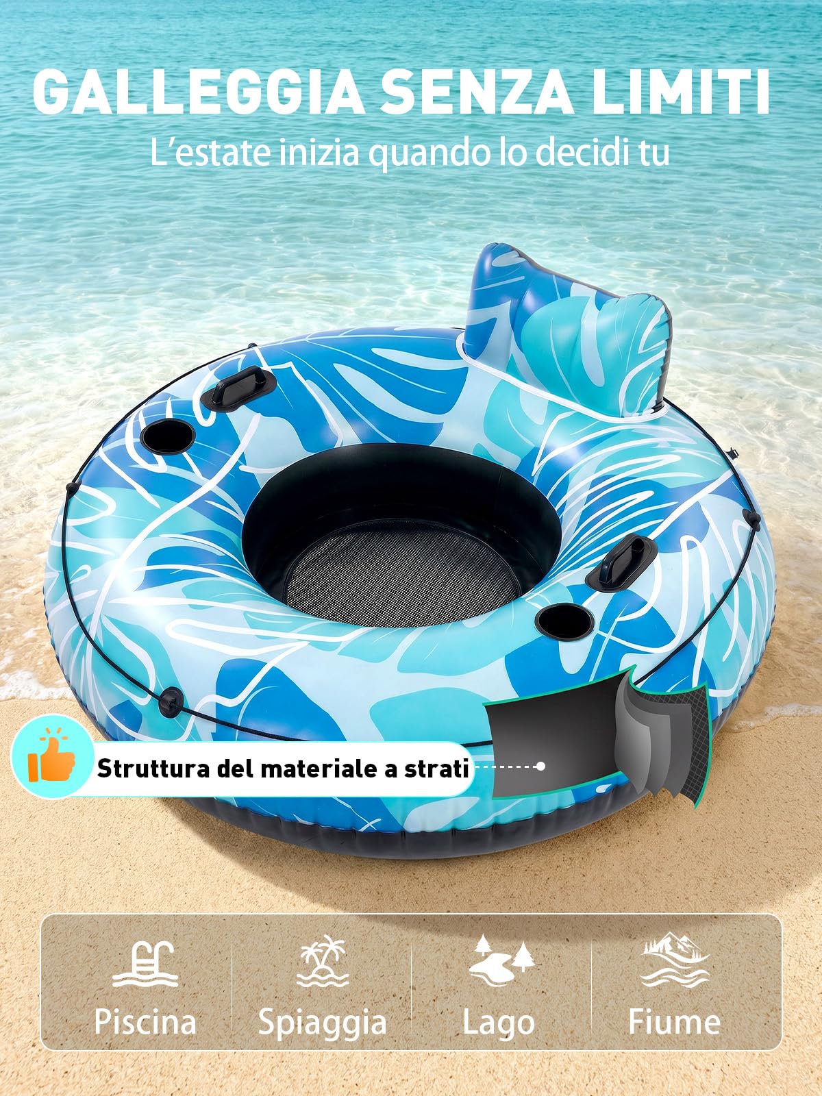 SOLAVERO Gonfiabili Piscina Adulti, Sedia Galleggiante Piscina avec 2 Maniglie e Portabevande, Poltrona Gonfiabile, per Divertimento Estivo e Feste in Acqua