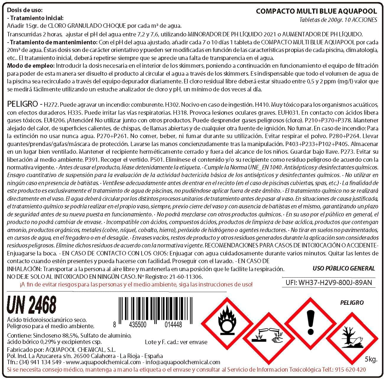 Compacto 10 ACCIONES ION PURE (200 GR) - Pastillas de Cloro multifunción - Disolución Lenta - Apto Piscinas Liner (5 KG)