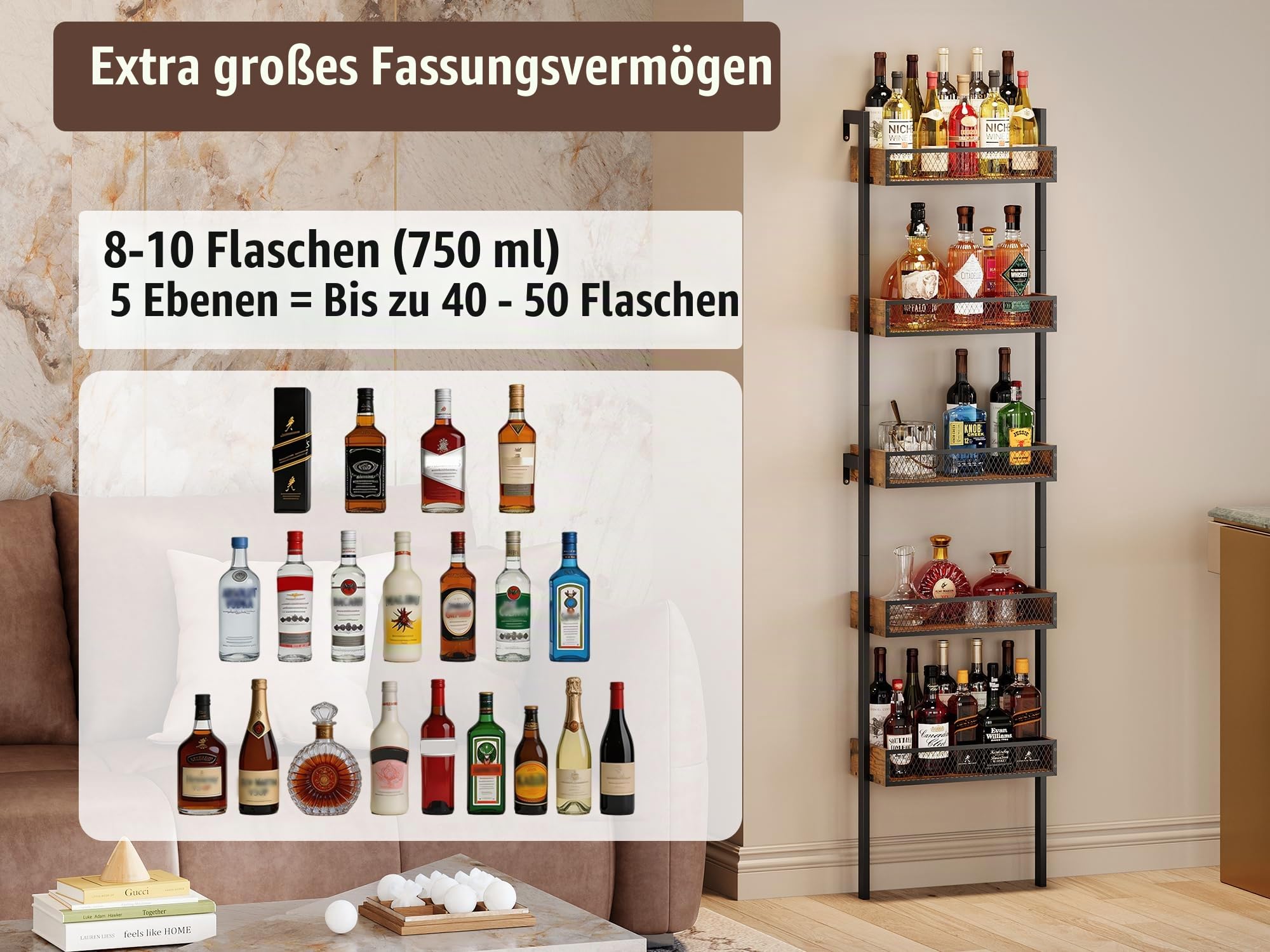 VEDECASA 5‑Stufiges Weinregal & Liquor Stand – Freistehendes Flaschenregal & Wand‑Display Regal für Wein & Spirituosen – Rustik‑Braun Holz/Metall Dekor – Bar, Küche & Wohnzimmer Weinständer