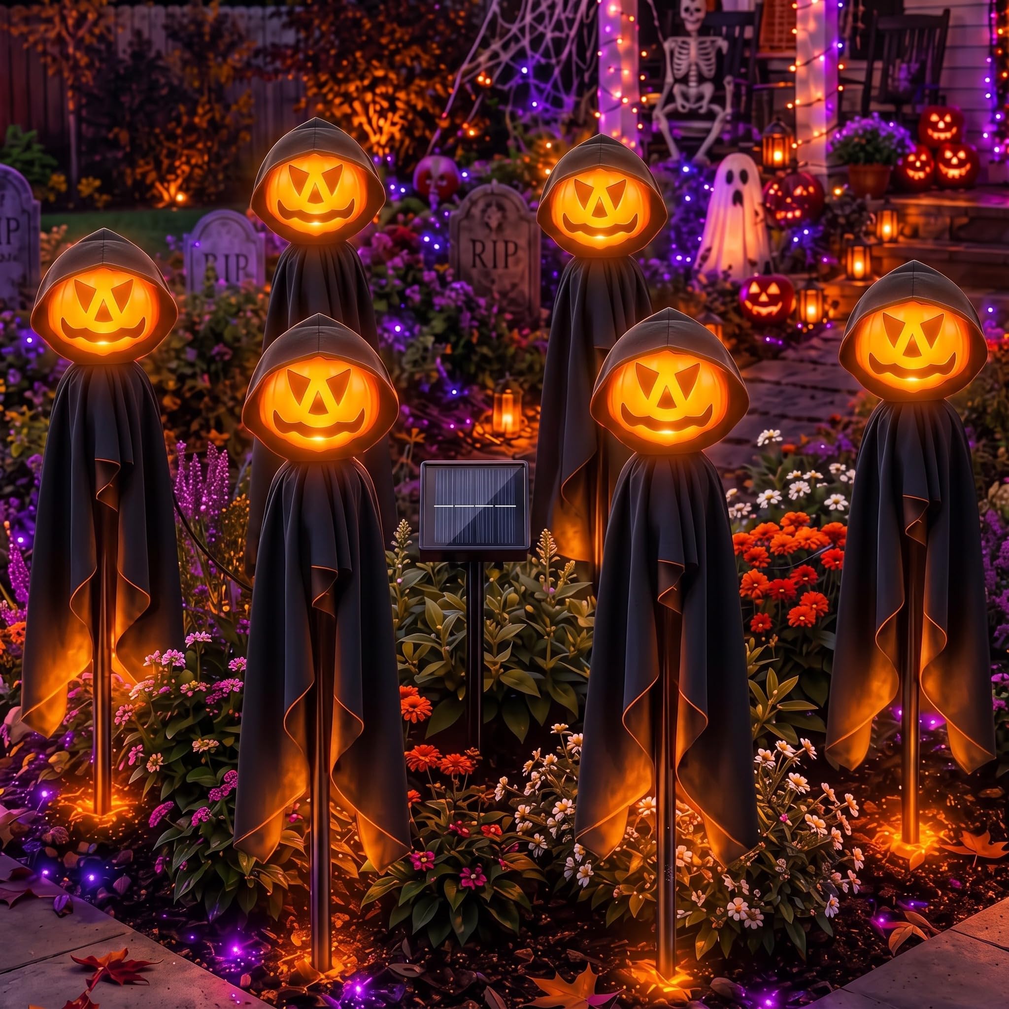 Pinkunn Paquete de 6 luces solares de calabaza para Halloween, color negro