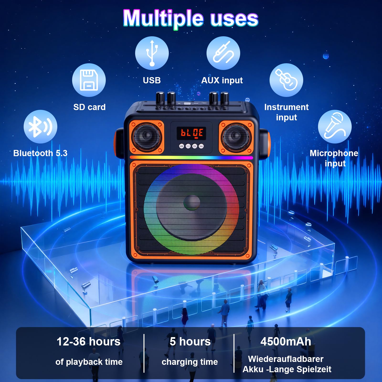GuKKK przenośny głośnik Bluetooth do karaoke, z regulacją basów/wysokości i diodami LED, na imprezę, czarny