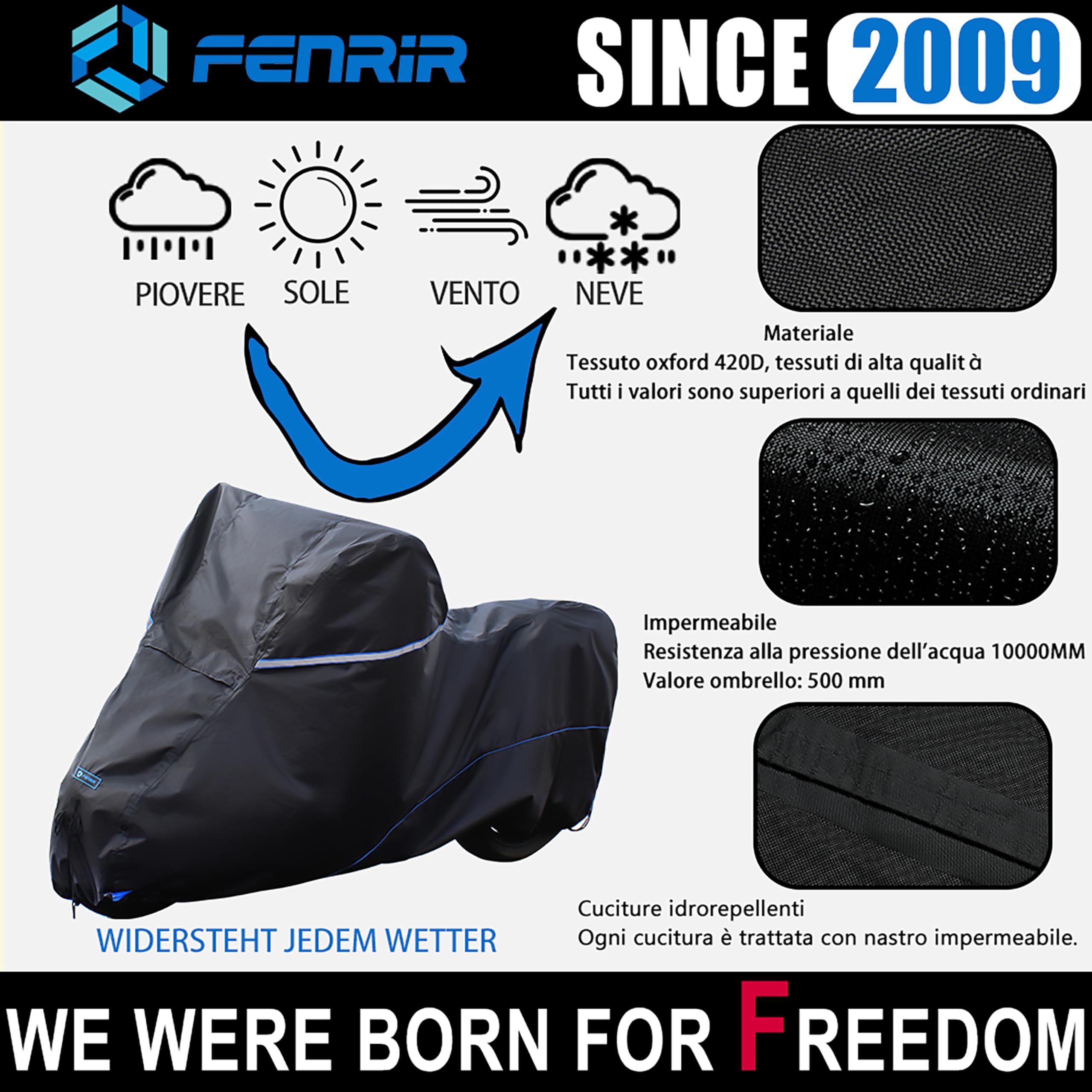 FENRIR 220CM 420D Coprimoto motocicletta telo copri moto da esterno telo coprimoto telo moto impermeabile Tubo di scarico con protezione UV resistente al calore per Scooter Naked Super Sport Enduro