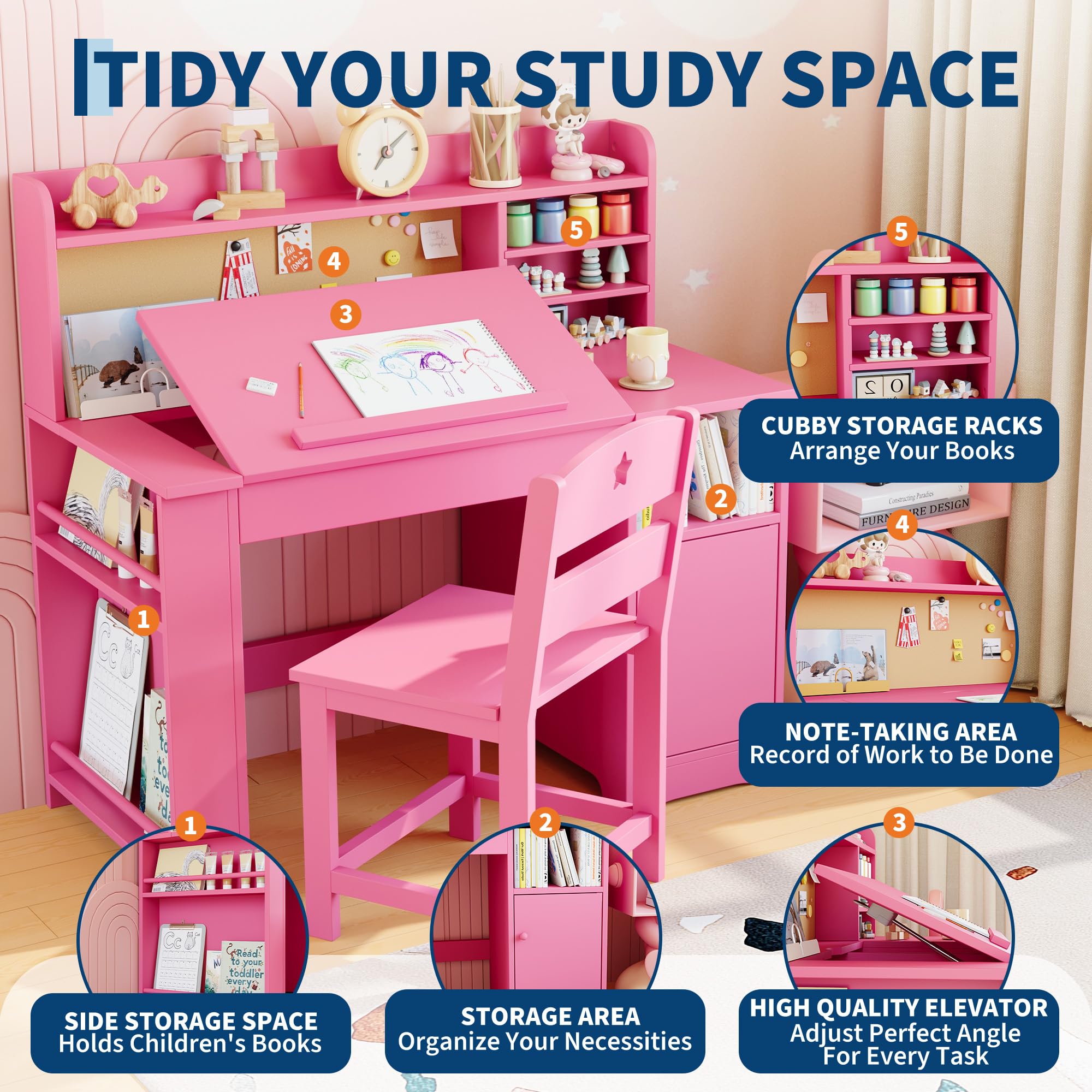 Escritorio Infantil 2 en 1 con 0-40° Soporte Elevador de Escritorio, Mesa con Silla Escritorio de Madera, Estante para Libros, Área de Almacenamiento y Taquilla con Puerta, 3+