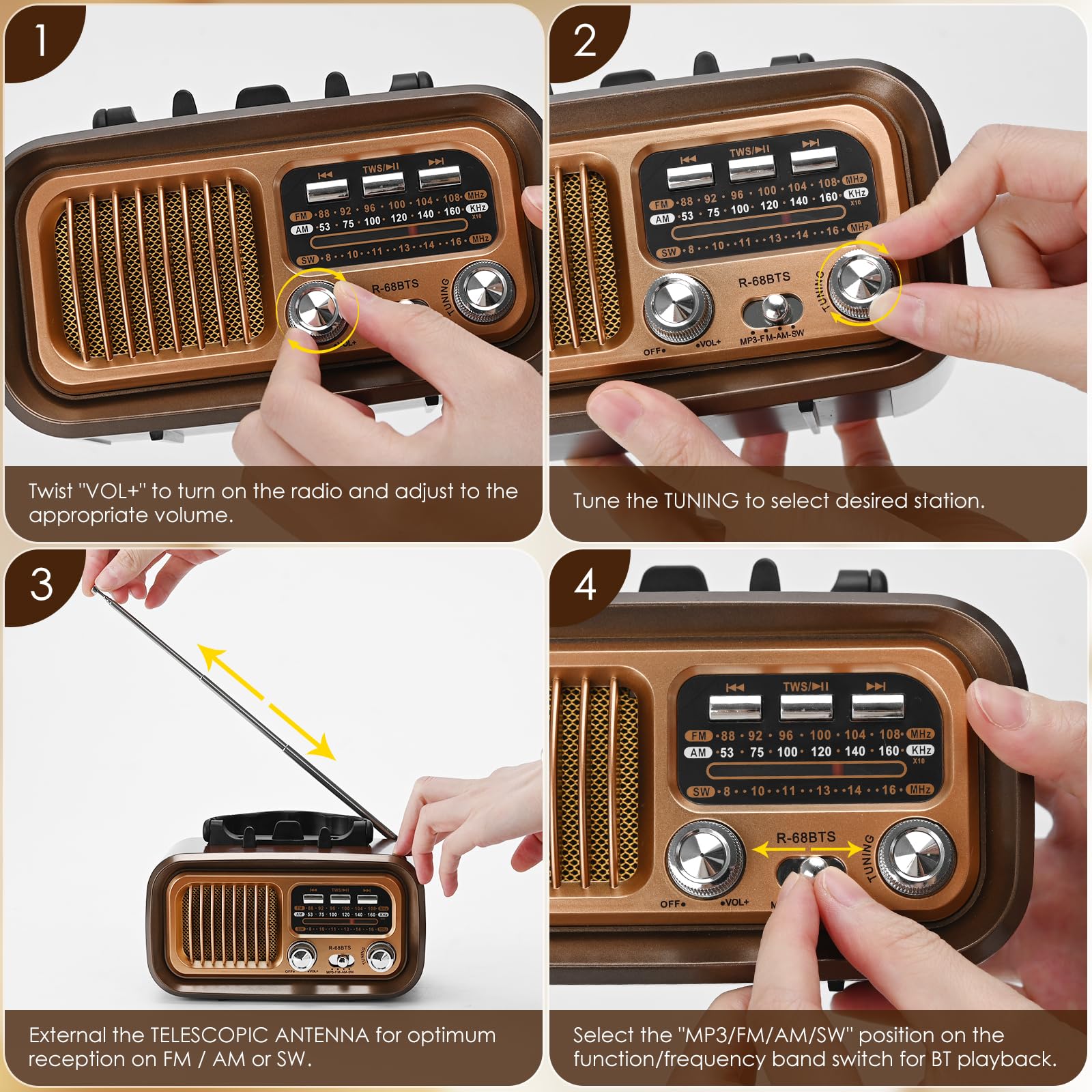 Radio Retro portátil, Radio portátil con Bluetooth, Am/FM/SW Bandas, Batería Recargable y Panel Solar-soporta Tarjeta USB/TF, emparejamiento TWS, diseño portátil para Cocina, baño, Viajes (café)