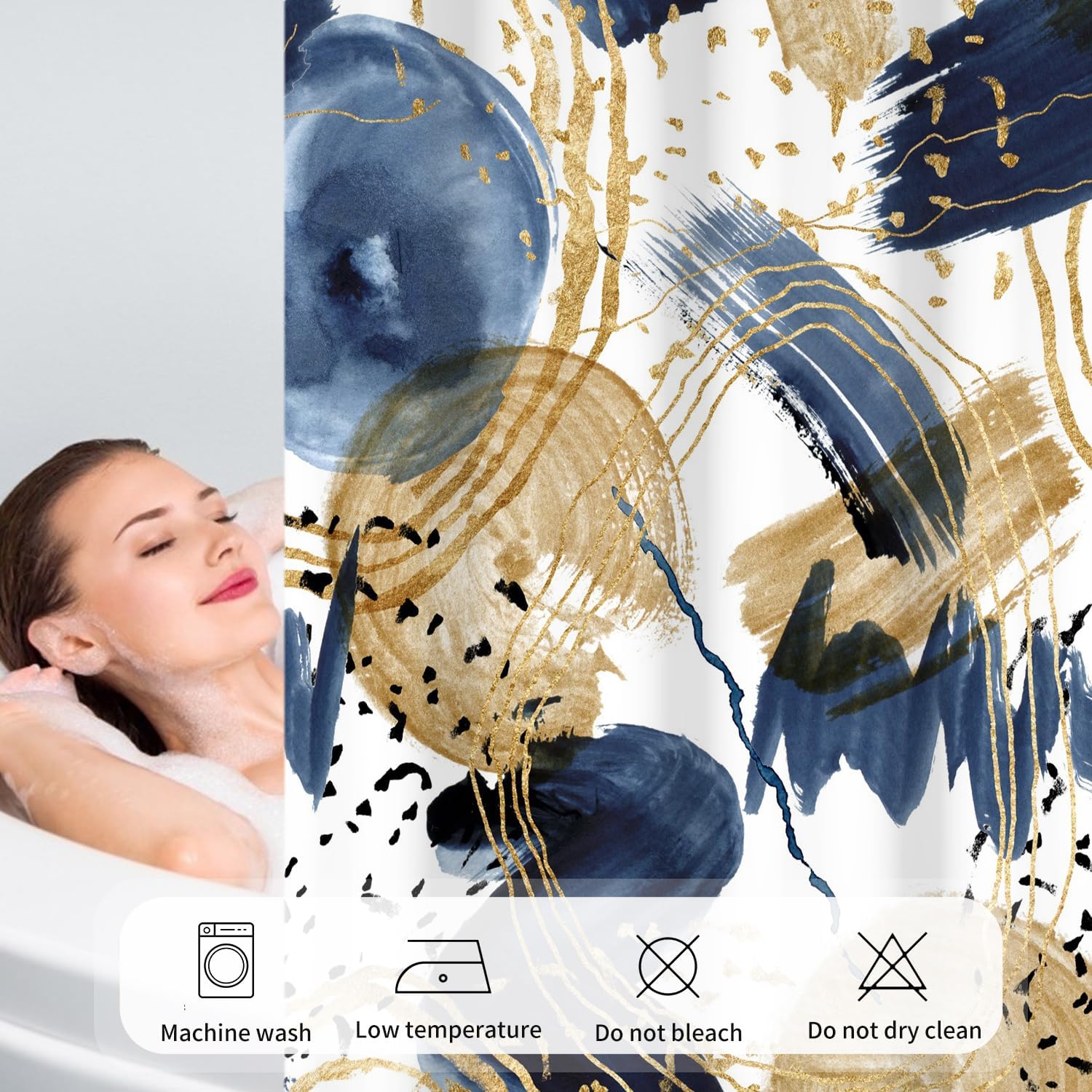 deFouliao Blue Boho Shower Curtains Abstract Mid Century Navy Blue Gold Bathroom Shower Curtains for Bathtub Modern Neutral Minimalist Shower Curtain with Hooks, 72x84 Inch