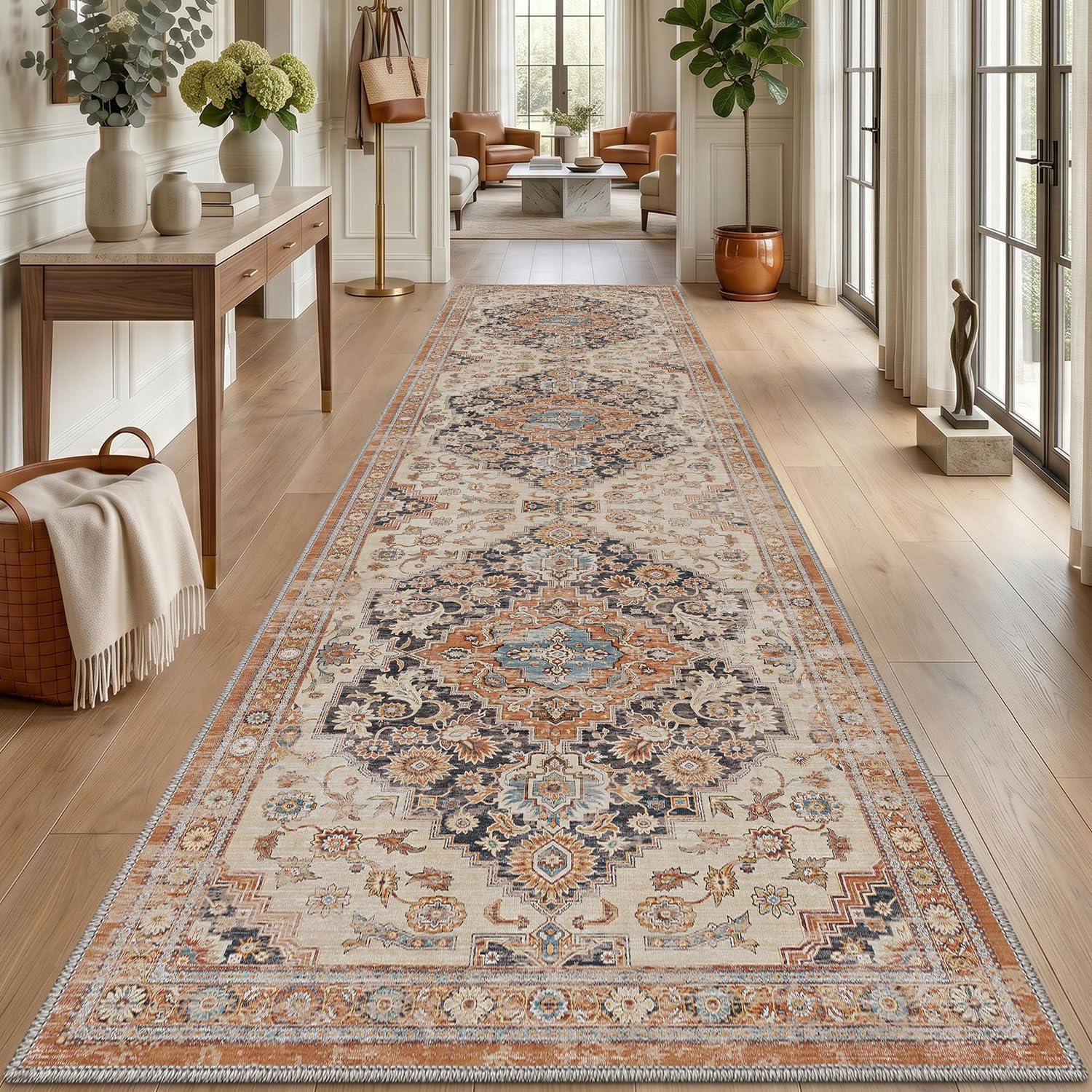 DEXI Hallway Runner Rug 80 x 300 cm, Non-Slip Long Washable Entryway Floor Mats, Absorbent Thin Vintage Carpet Runners for Kitchen, Laundry, Bedside, Orange