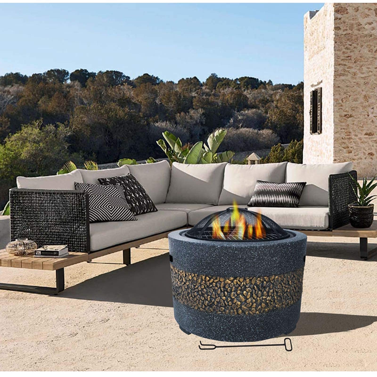 Mesa para fogatas al Aire Libre Calentadores y fogatas para jardín Barbacoa/fogata Fogata de leña Parrilla para Barbacoa Cuenco para fogatas con Rejilla para Parrilla