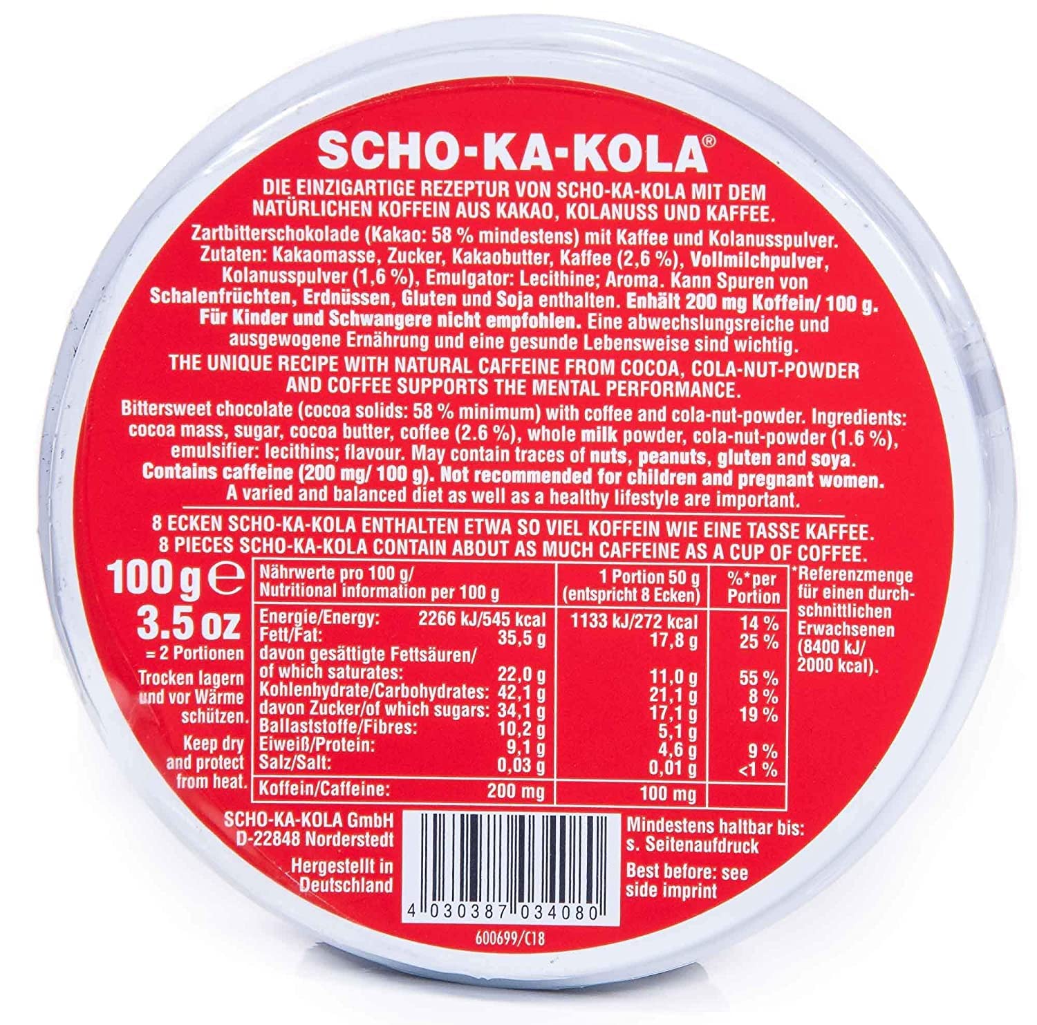 SCHO-KA-KOLA Original - Zartbitter 10er Pack (10x 100 g) & Vollmilch 10er Pack (10 x 100g) I Schokoladen-Tafel in der Dose I Koffein Schokolade I Schokoladen Snack I Kaffee Knabberartikel